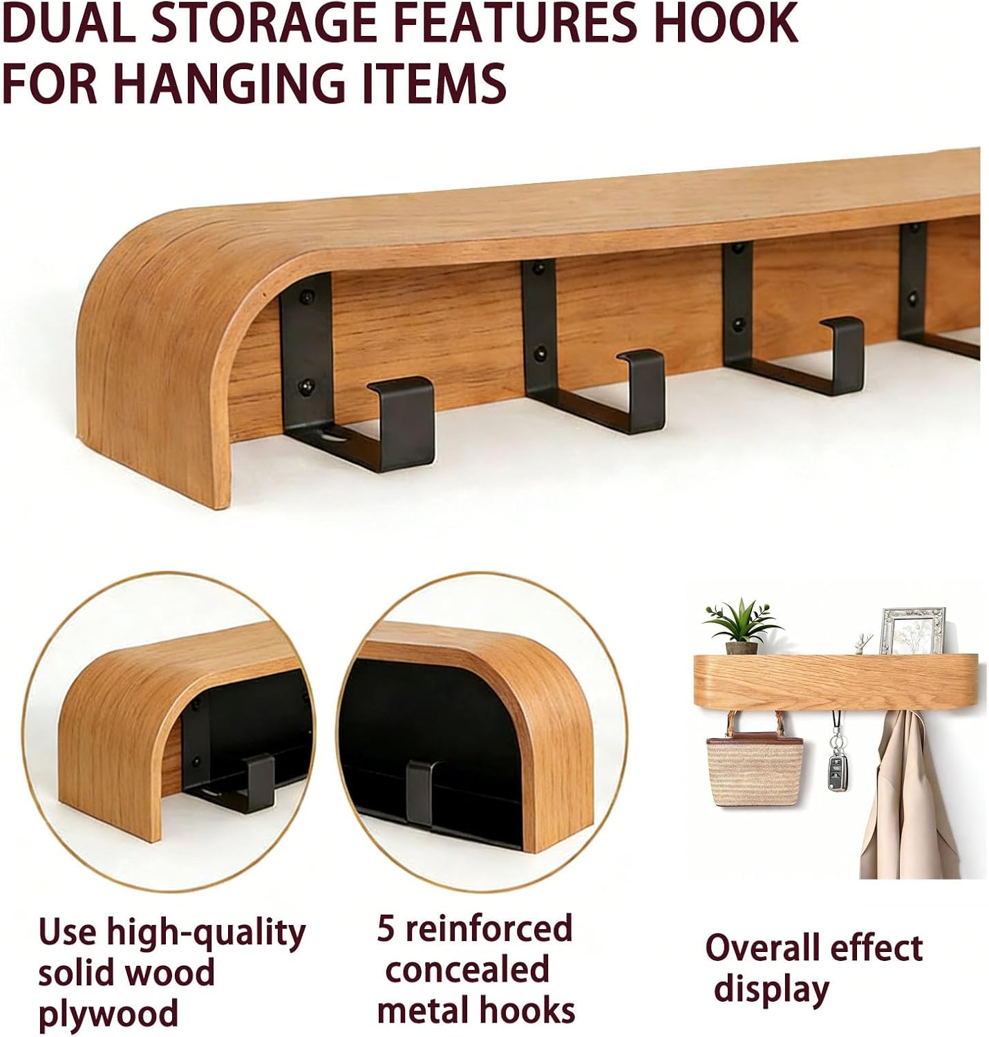 Wooden Coat Rack Wall Mount,Wall Shelf with Hooks,Wall Coat Rack, Key Hanger,Quipped with 5 Hidden Hooks, Entryway Key Holder, Suitable for Living Room and Bedroom
