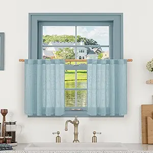 LAMIT Short Linen Curtains 30 Inch Length for Cafe, Semi Sheer Light Filtering Panels Back Tab and Rod Pocket Room Decor Drapes for Basement/Small Window, Stone Blue, 2 Panels, 34 x 30 Inch