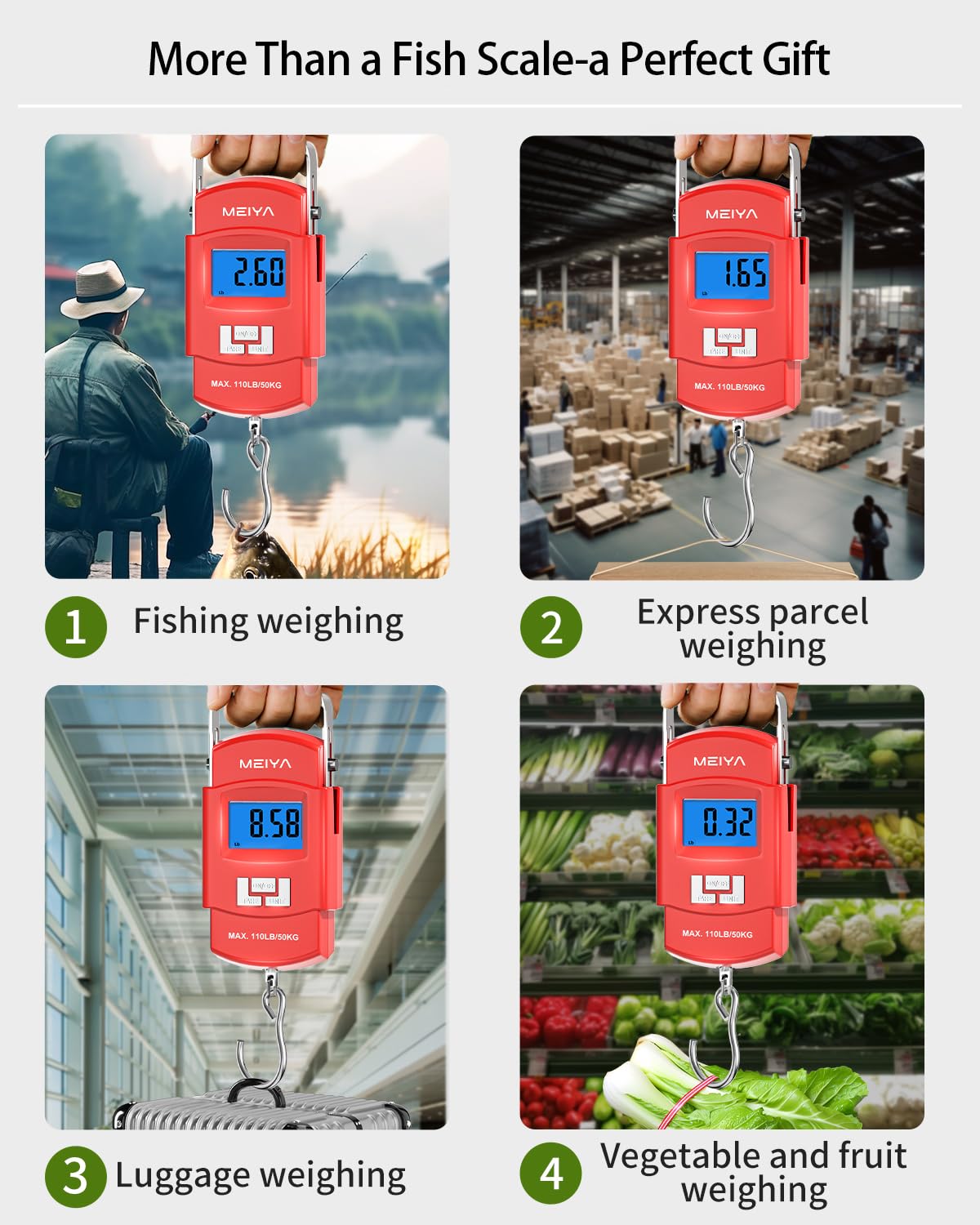MEIYA Fischwaage 150 Pfund Tragbare Gepäckwaage Reise Digitale Hängewaage mit Haken, Angelgeschenke für Männer, Wiegewerkzeug für Koffer & Fische, inklusive 2 AAA-Batterien, LCD-Display mit