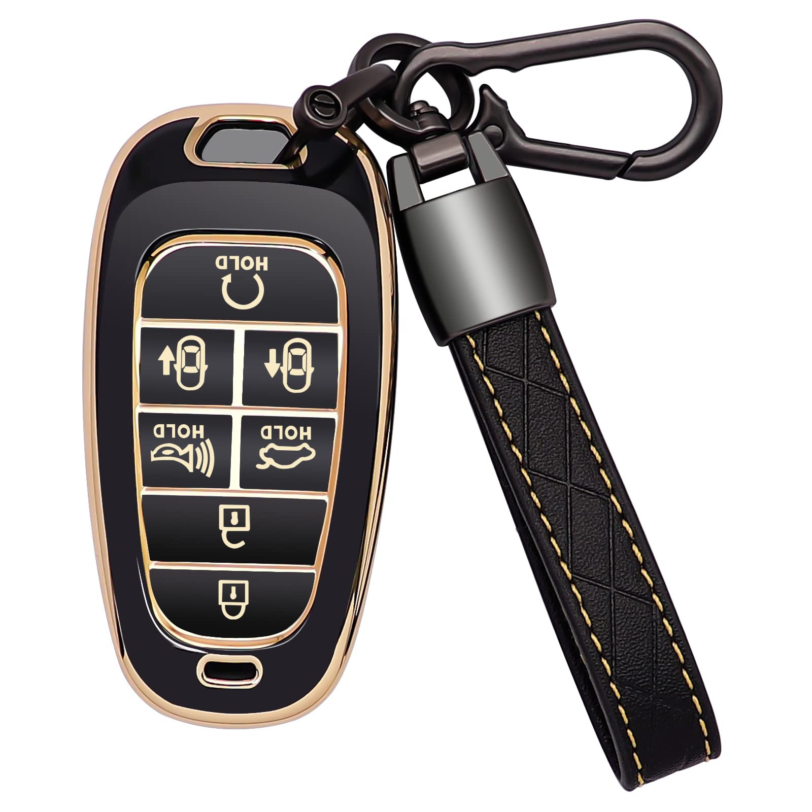 KespevnKespevn for Hyundai Key Fob Cover 7 Button with Leather Keychain Soft TPU 360 Degree Protection Car Key Case Shell Holder Fits for 2023 2022 2021 2020 Hyundai Sonata Santa fe Tucson, Black