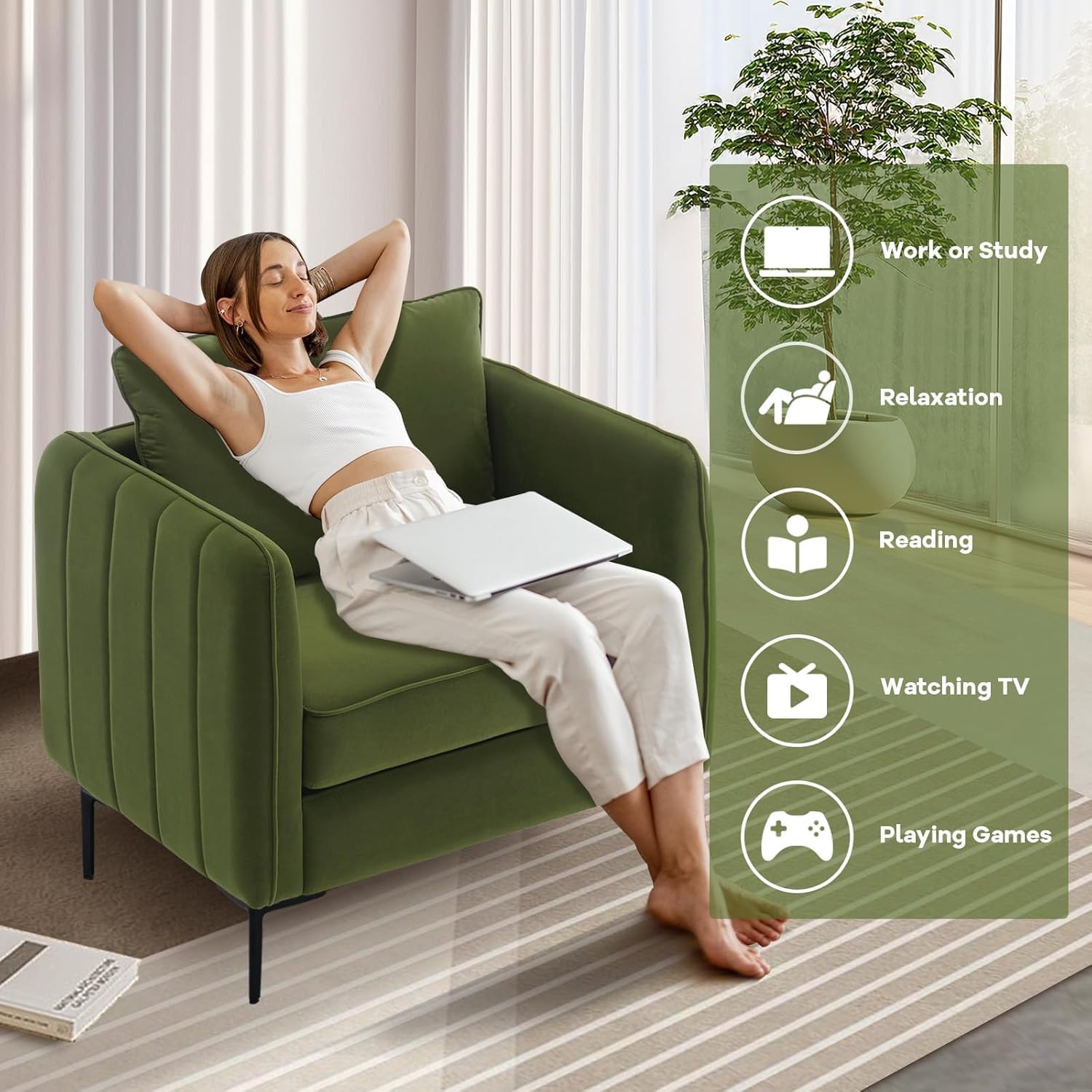 Velvet Accent Chairs, Modern Upholstered Sofa Chair Comfy Armchair with Thick Cushion and Metal Legs, Side Chair for Living Room Bedroom Office Reading (Green)