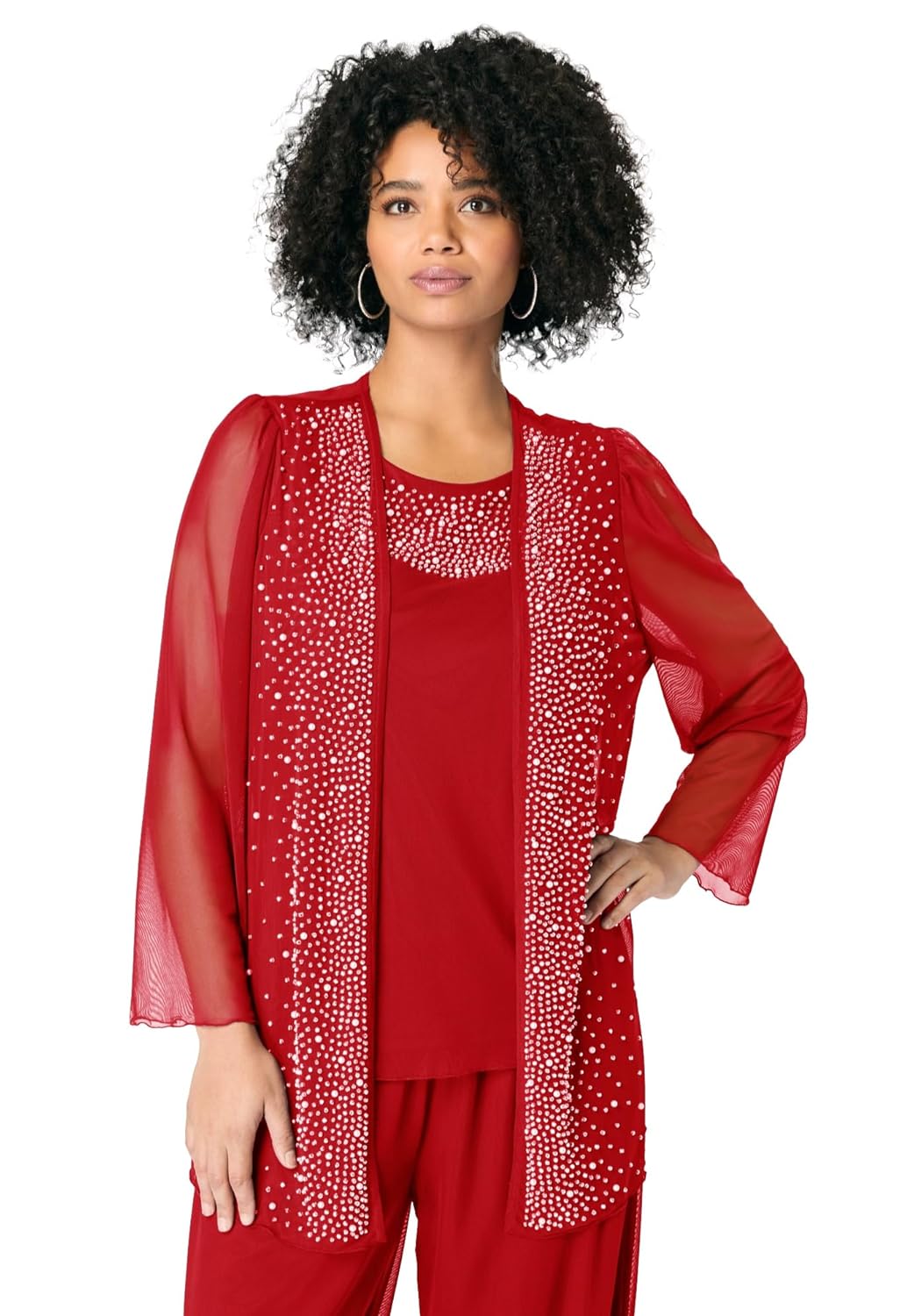 Roamans Womens Plus Size Mesh Overlay Cardigan And Tank Set