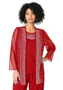 Roamans Womens Plus Size Mesh Overlay Cardigan And Tank Set