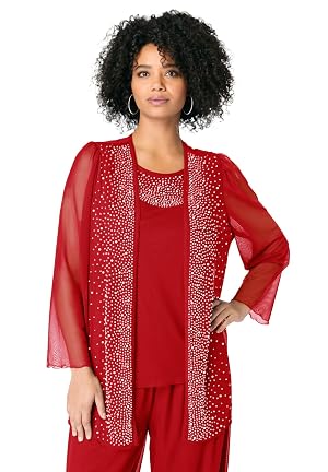 Roamans Womens Plus Size Mesh Overlay Cardigan And Tank Set