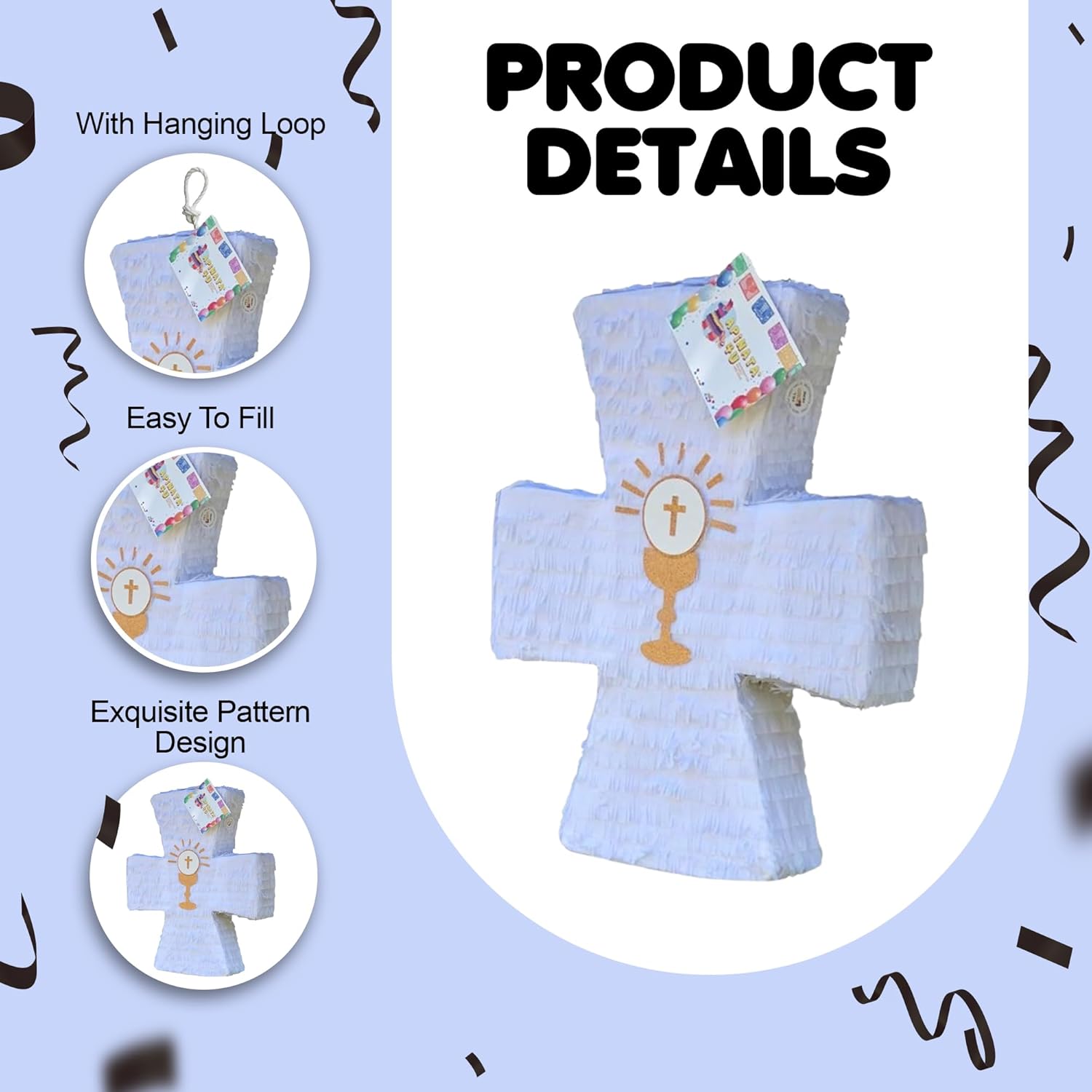 APINATA4U White Cross Pinata with Gold Chalice Accents (17.5x13.5x3.5 Inch) - Perfect for Baptism or First Communion Celebrations - Complete Kit with Stick and Mask Included!