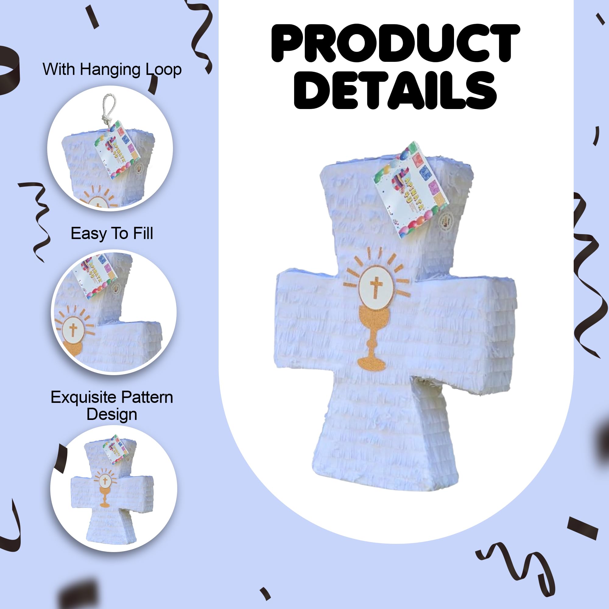 APINATA4U - Piñata de cruz blanca con detalles de cáliz dorado (17.5 x 13.4 x 3.5 pulgadas), perfecta para bautizo o celebraciones de primera comunión, kit completo con palo y máscara incluidos