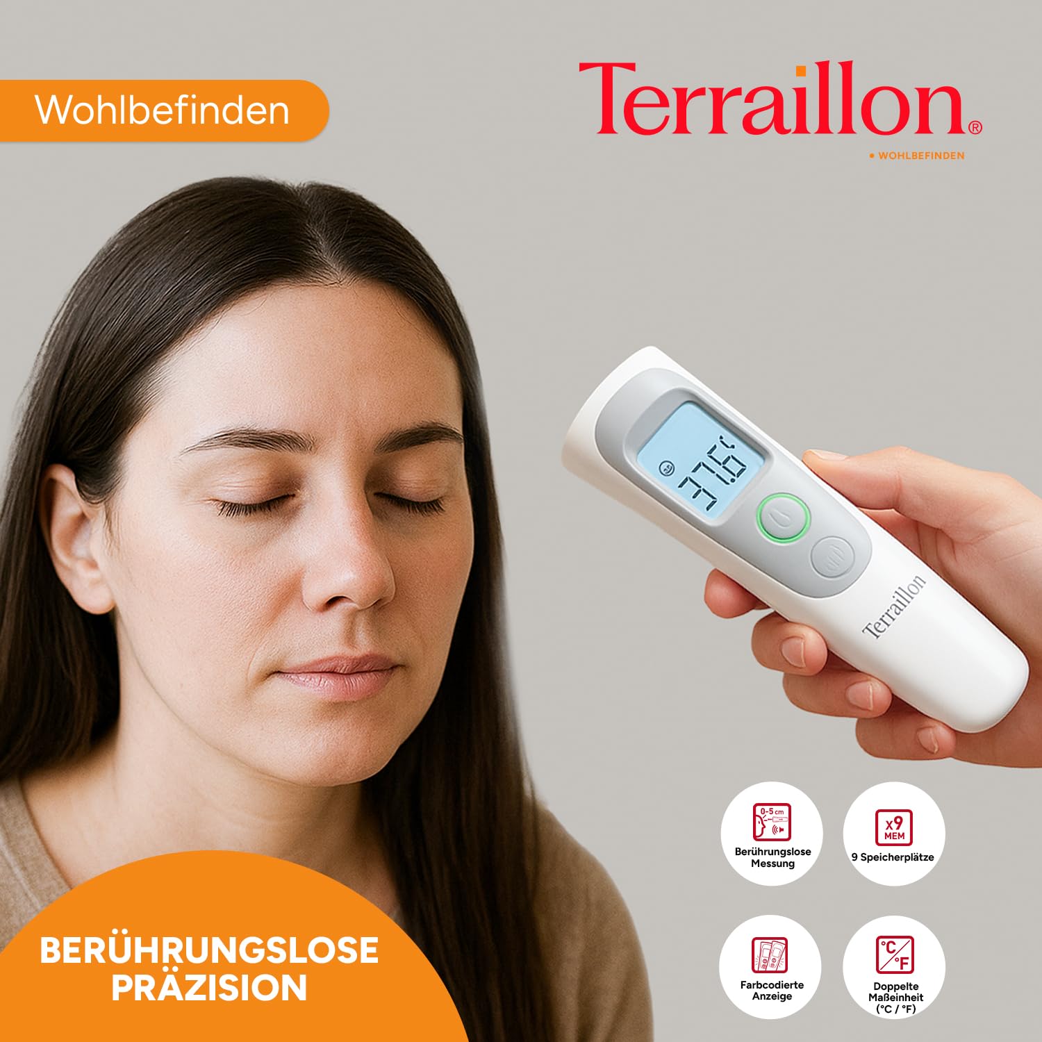 TERRAILLON Kontaktloses Infrarot-Thermometer – Für Erwachsene und Babys – Misst Temperatur von Körper/Objekten/Flüssigkeiten/Umgebungsluft – Speichert die letzten 9 Messungen – Weiß/Grau