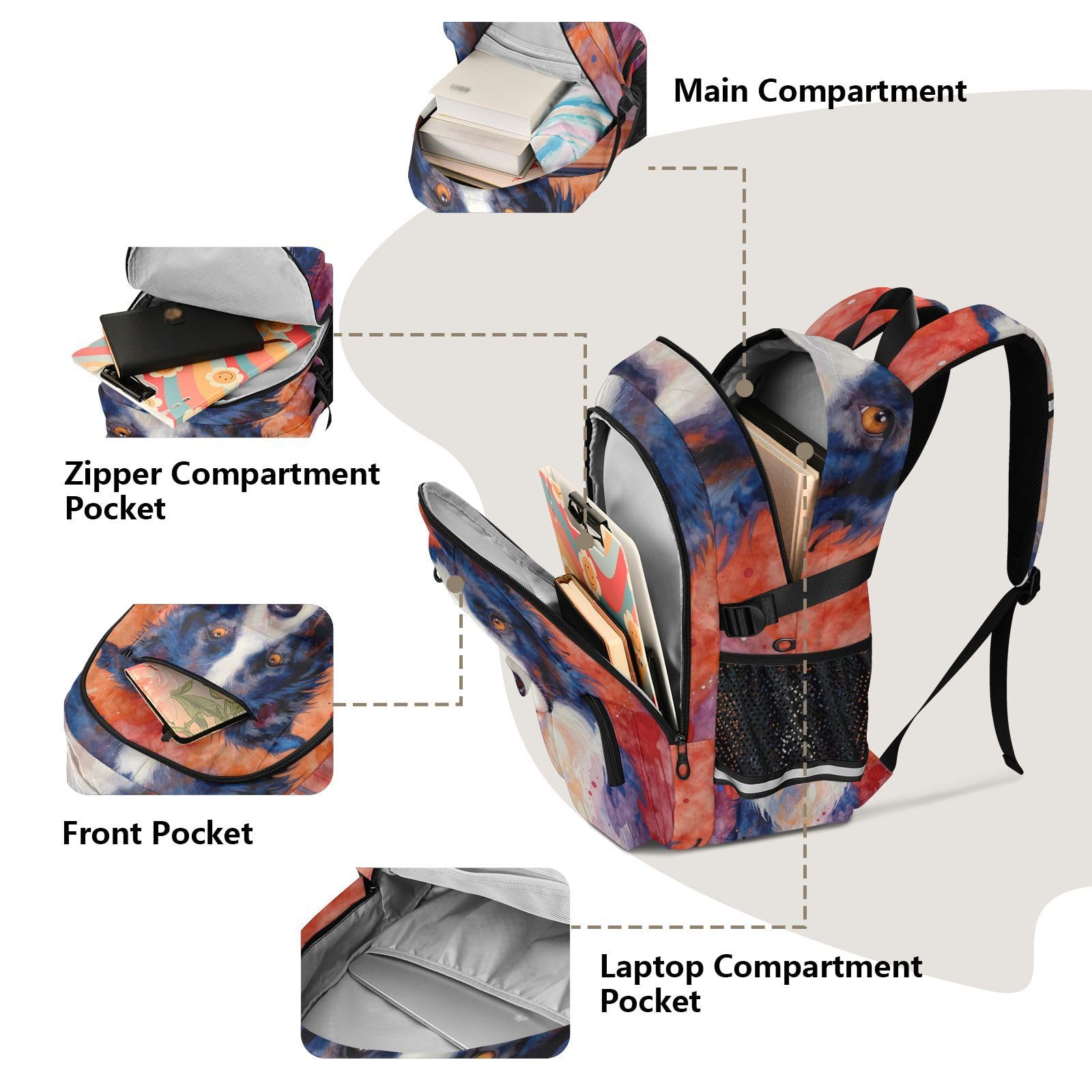 Zaino per computer portatile Art Tie Dye Dog College Work Bag 17,5 pollici