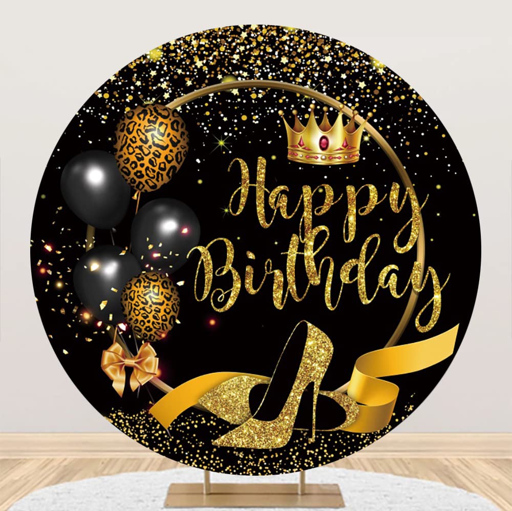 Runder Party-Hintergrund 'Lady Fifty' – Schwarz-Gold Mit Krone & Glitzer Für Den 50. Geburtstag | 2,3x2,3m | Perfekte Deko Für Frauen