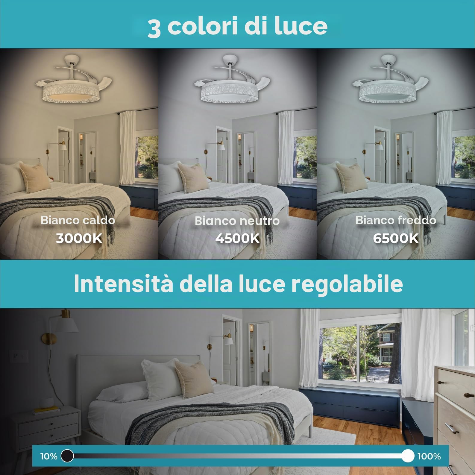 LED ATOMANT 2x Ventilatore LED 4 Pale Retrattili Diam 109cm 72W CCT Dimmer | 4100 lumen, Telecomando, Modalità estate/inverno, 6 velocità