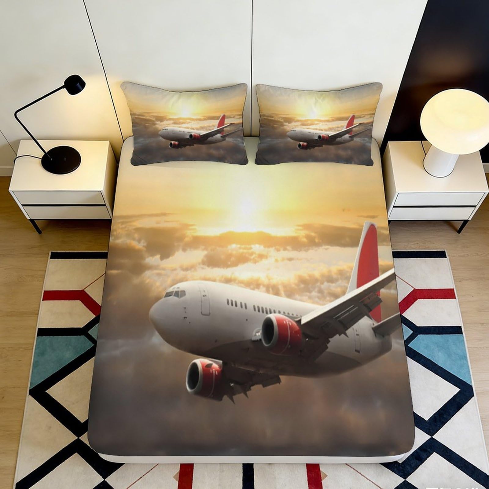 3D Printed Airplane Fitted Sheet Microfiber Soft Breathable Sky Mattress Cover for Bedroom Dormitory Guest Room Mattress Protection Decor 120x200x25cm