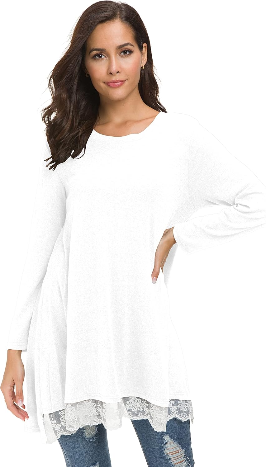 Afibi Women Lace Long Sleeve A-line Swing T-Shirt Loose Tunic Top Blouse - Image 4