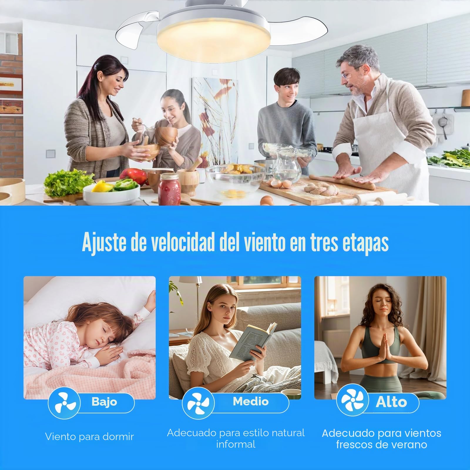 Ventilador de techo de 40 cm con luz E27 a distancia, 3 aspas invisibles, 4 velocidades, 3 temperaturas de color 3000-6500 K, funcionamiento silencioso, 30 W 2400 lm para dormitorio, salón cocina