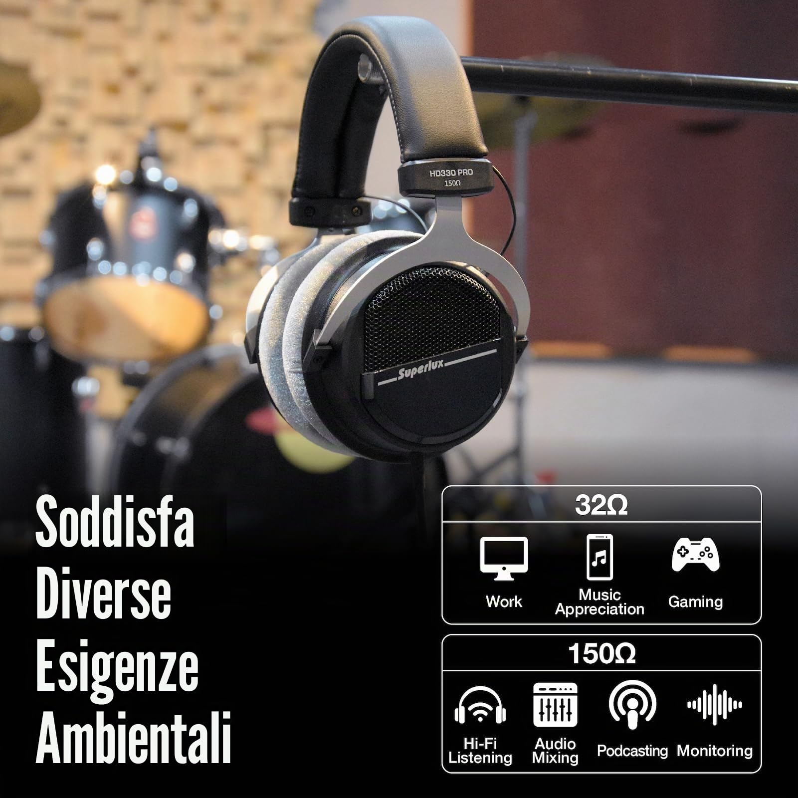 Superlux HD 330PRO, 150 ohm, cuffie over-ear professionali, semi-aperte, con driver al neodimio da 40 mm e bassi solidi, jack da 3,5 mm per registrazione di musica, podcast, monitoraggio in studio