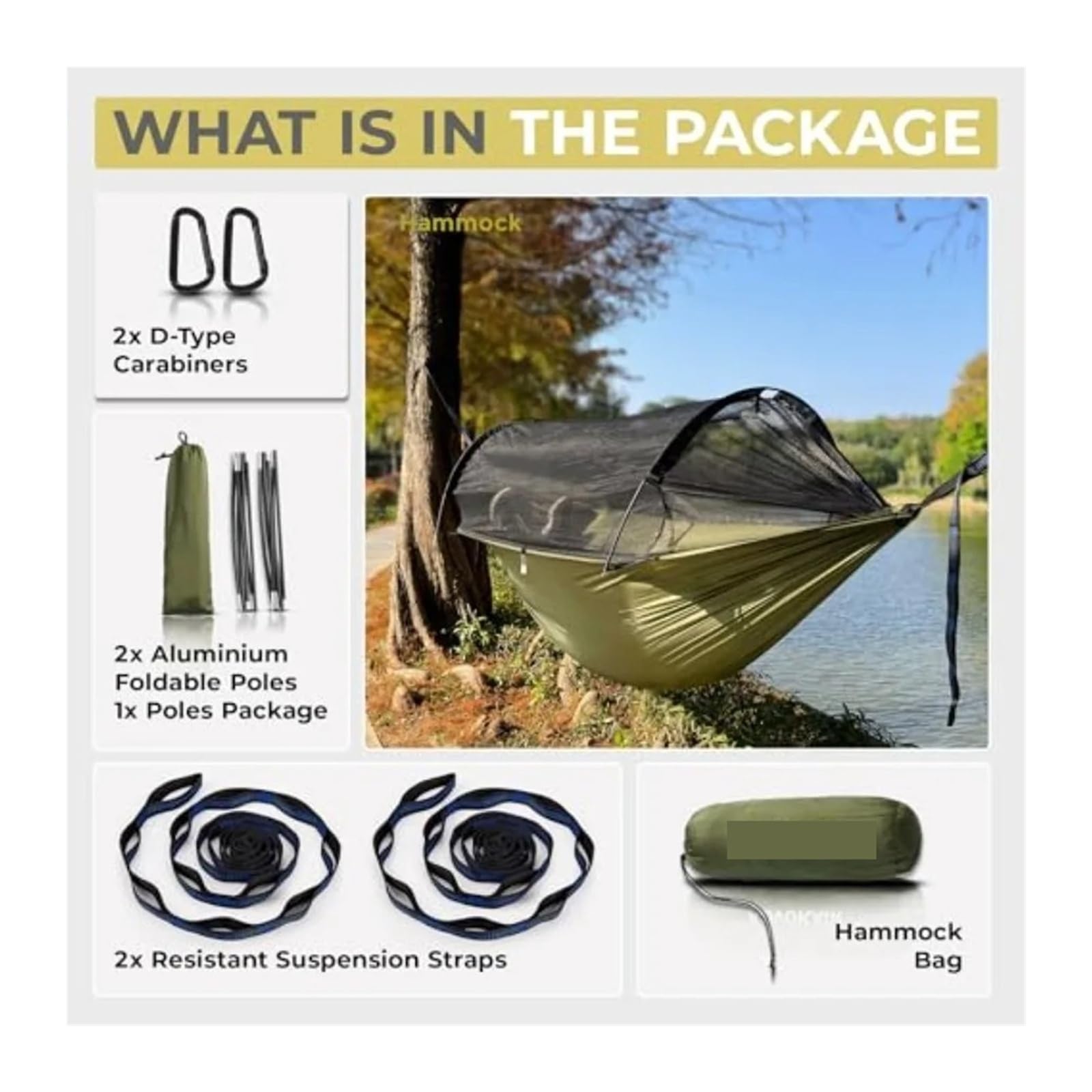 Amaca da campeggio con zanzariera fino a 226,8 kg, ultraleggera e portatile, in nylon, da viaggio, con cinghie per alberi