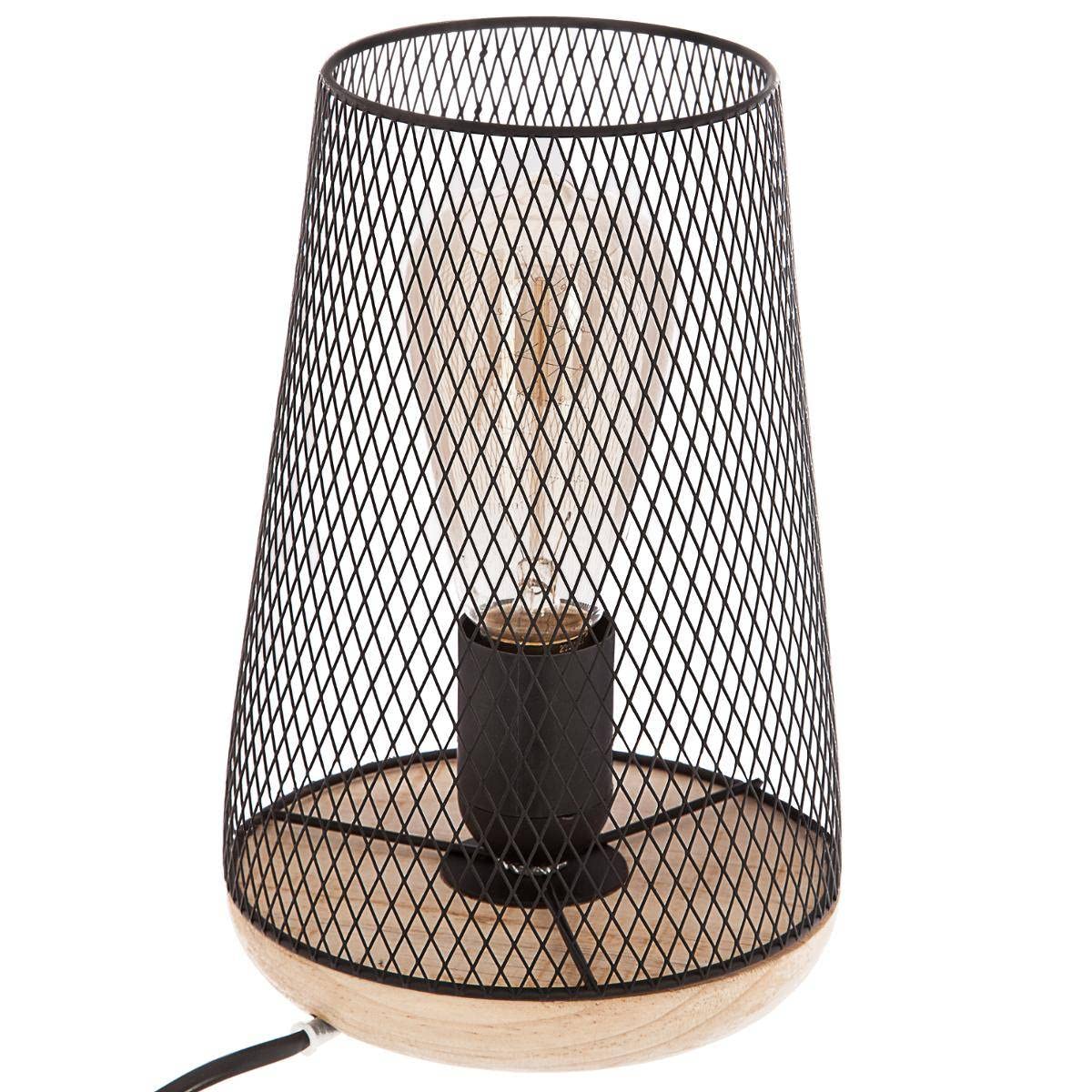 Atmosphera Lampe de table en métal et bois noir – design grillage Zely, hauteur 24 cm