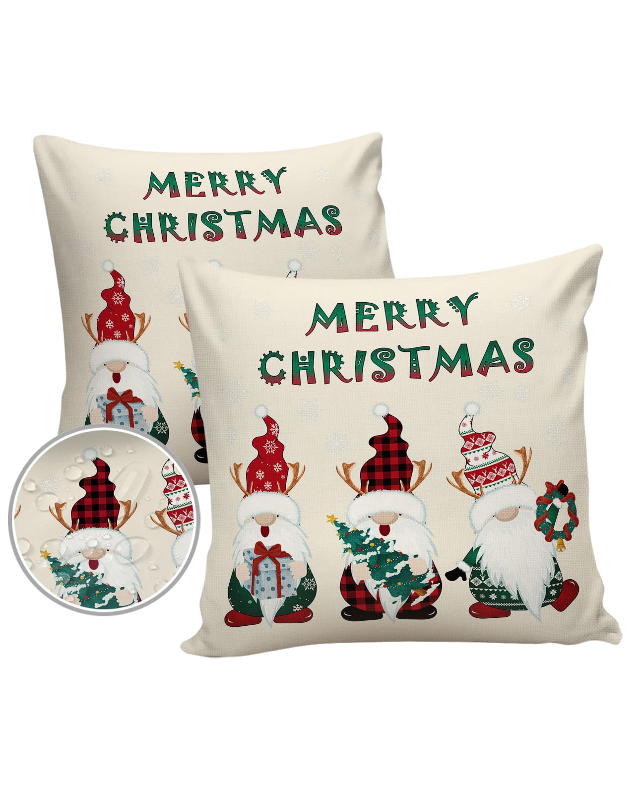 LBDecor Outdoor Throw Pillow Covers 18x18 Waterproof Cute Christmas Gnomes Plaid Outdoor Pillows Decorative Cushion Covers Pillowcase for Tent Patio Garden Couch Set of 2,Winter Snowflake Reindeer