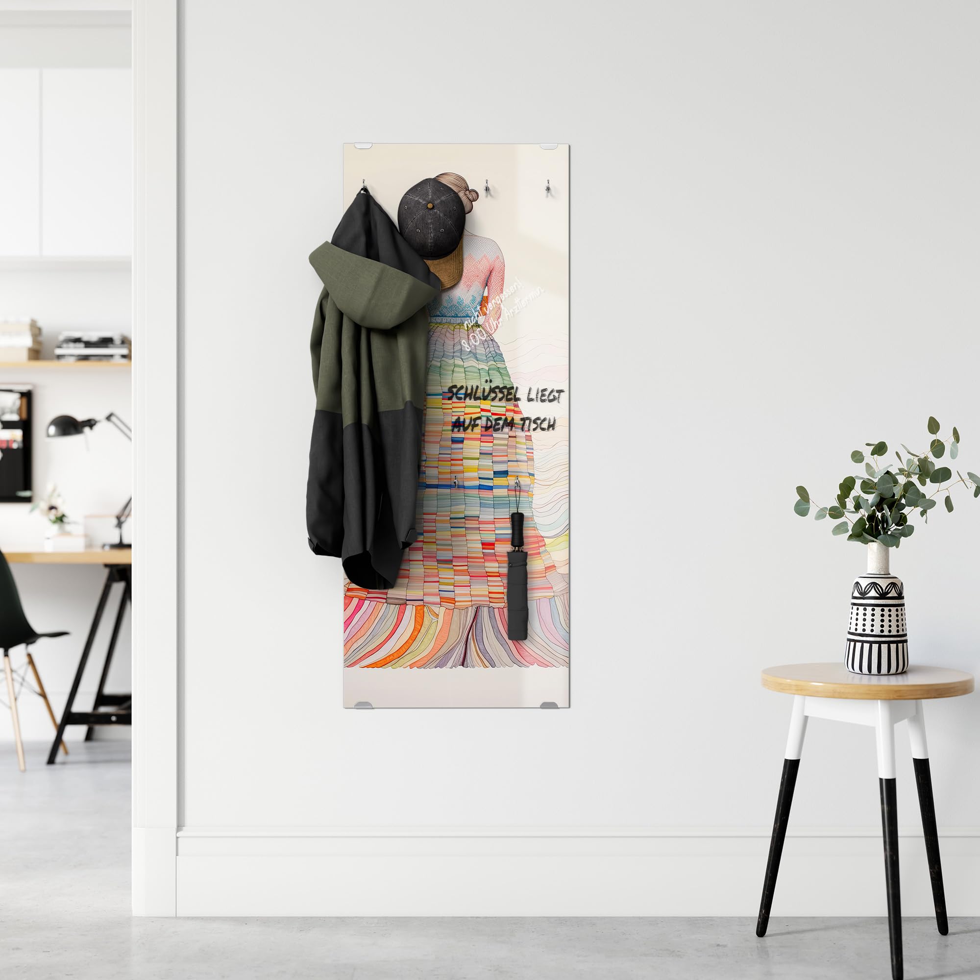 DEQORI Wieszaki na ubrania ze szkła z nadrukiem motywu | wzór pionowy, 50 x 125 cm | motyw przeglądu w kolorze | szkło bezpieczne ESG z 7 haczykami – do pisania i łatwy montaż – łatwy w pielęgnacji