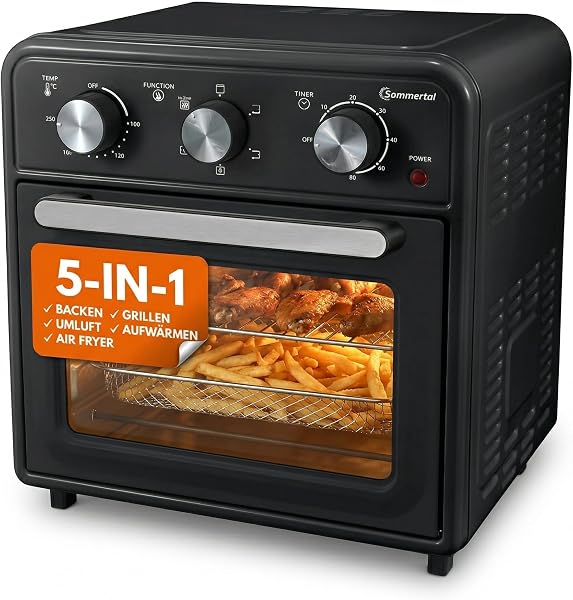 Sommertal Minibackofen 20 Liter mit Umluft & Heißluftfritteuse, Mini Backofen 1800W zum Backen, Grillen & Pizza, Tischbackofen klein mit Airfryer Funktion, 100–230°C, 60 Min. Timer, inkl. Zubehör - 1