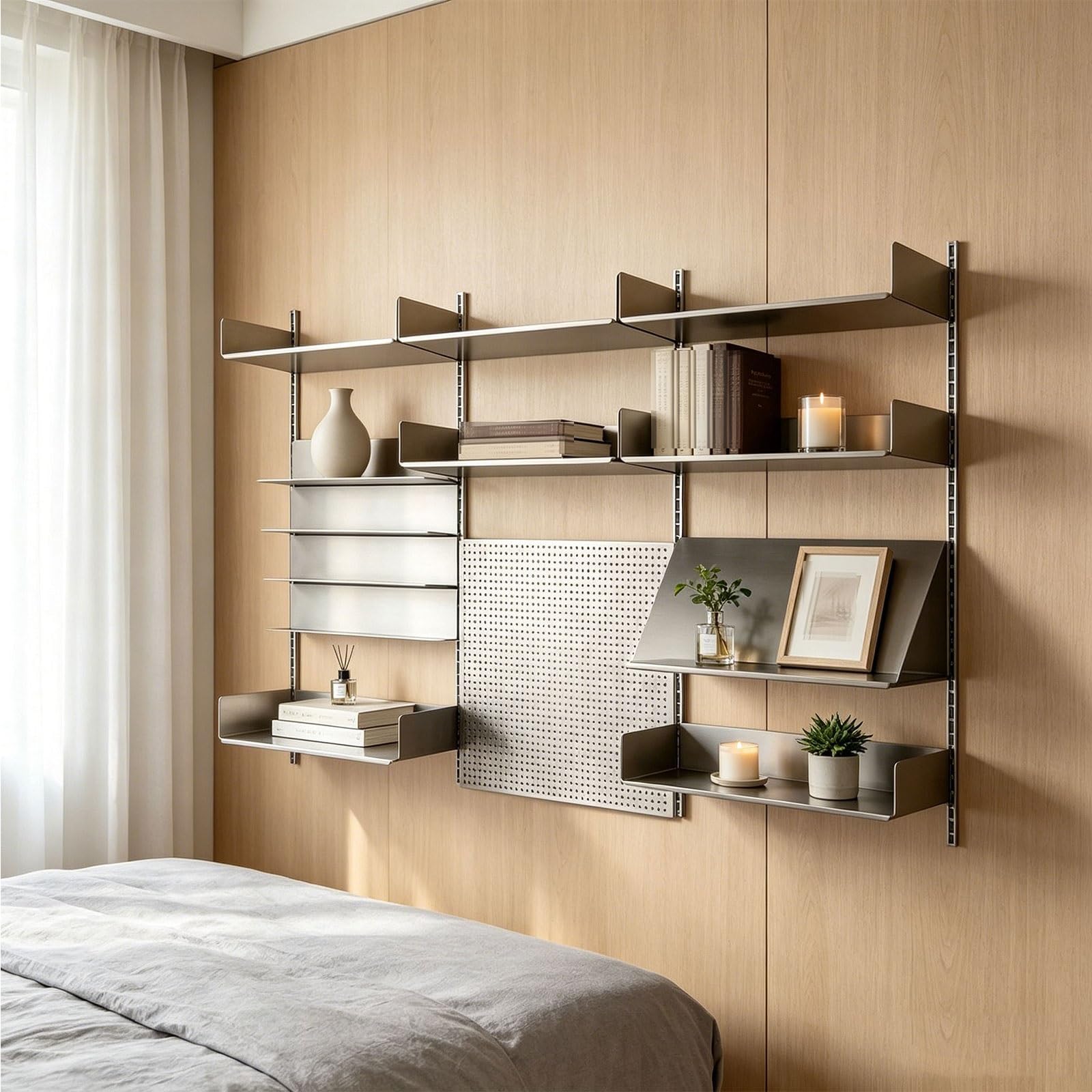Panel Perforado Pared Metal Acero Inoxidable Organizador Pared Cocina Altura de Estantes Ajustable Pegboard Organizer Kit Capacidad de Carga de 50Kg por Estante