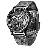 Men's Skeleton Mechanical Roman Numeral Mesh Strap Watch, Hand Winding Mechanical Mesh Luminous Waterproof Watch for Men