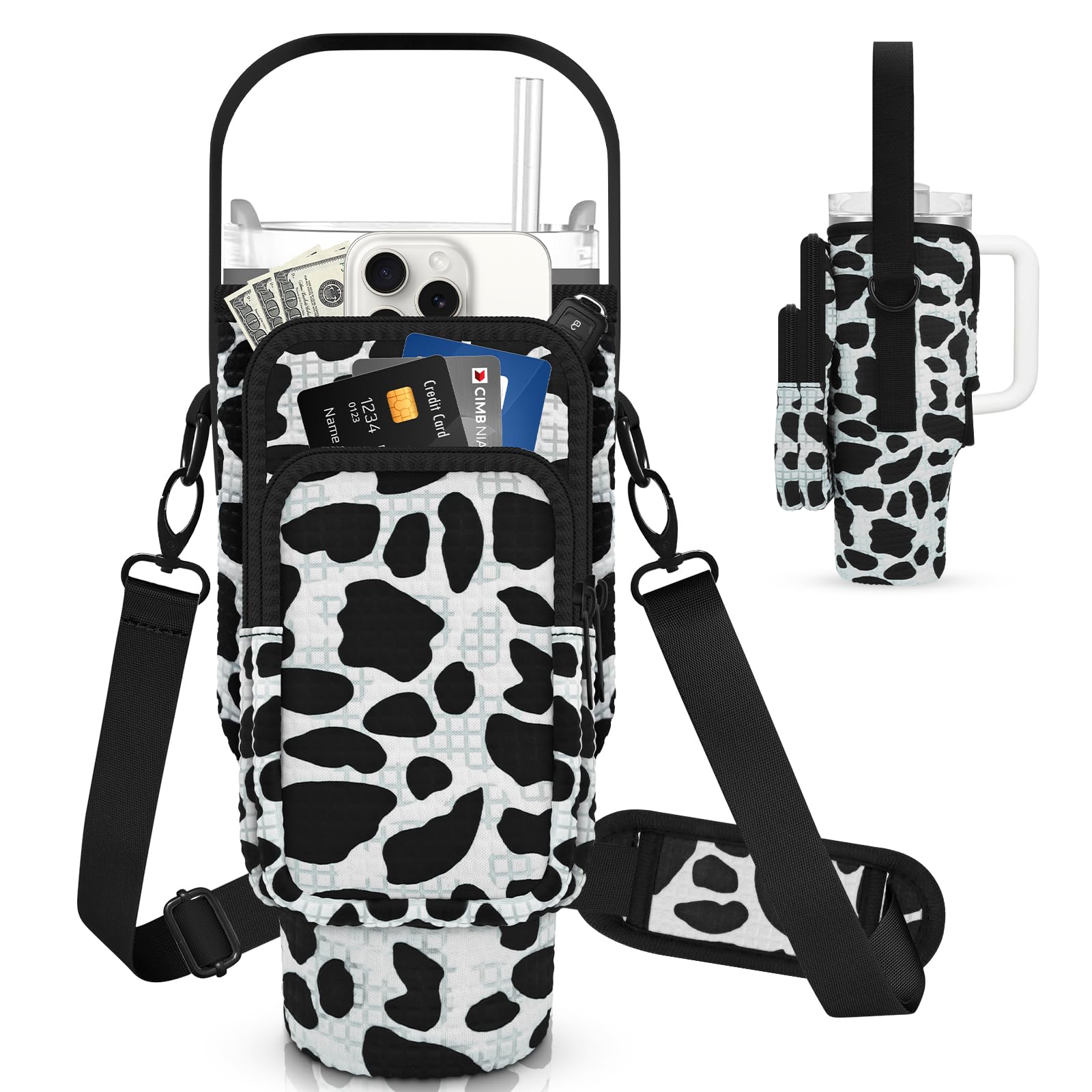 Water Bottle Carrier Bag with Phone Pocket for Stanley 40/30 oz Tumbler,Neoprene Water Bottle Holder Cross-boday Bag with Adjustable Shoulder Strap& Handheld Strap for Stanley Cup Accessories