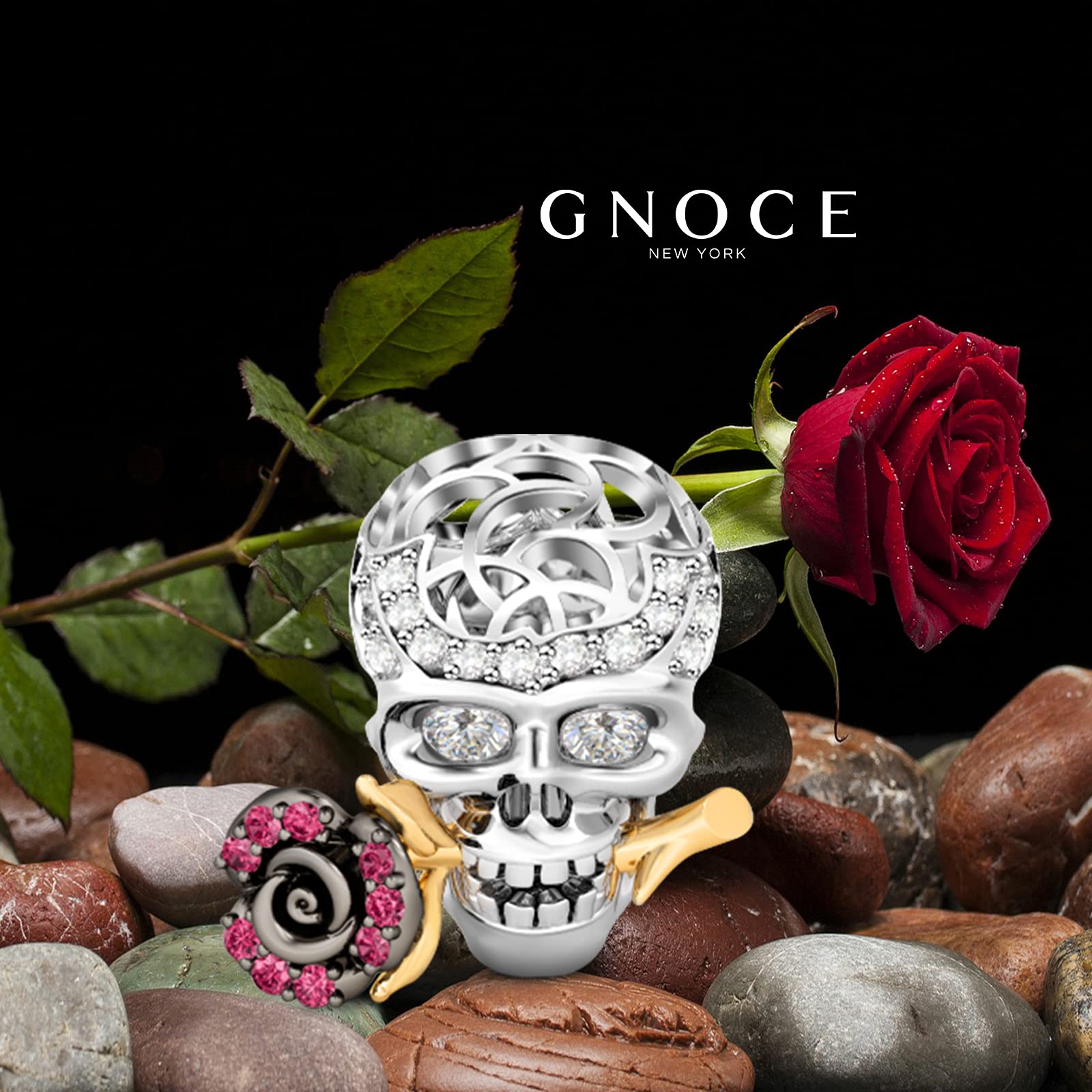 GNOCE Abalorio de plata de ley 925 con diseño de calavera, compatible con pulseras y collares