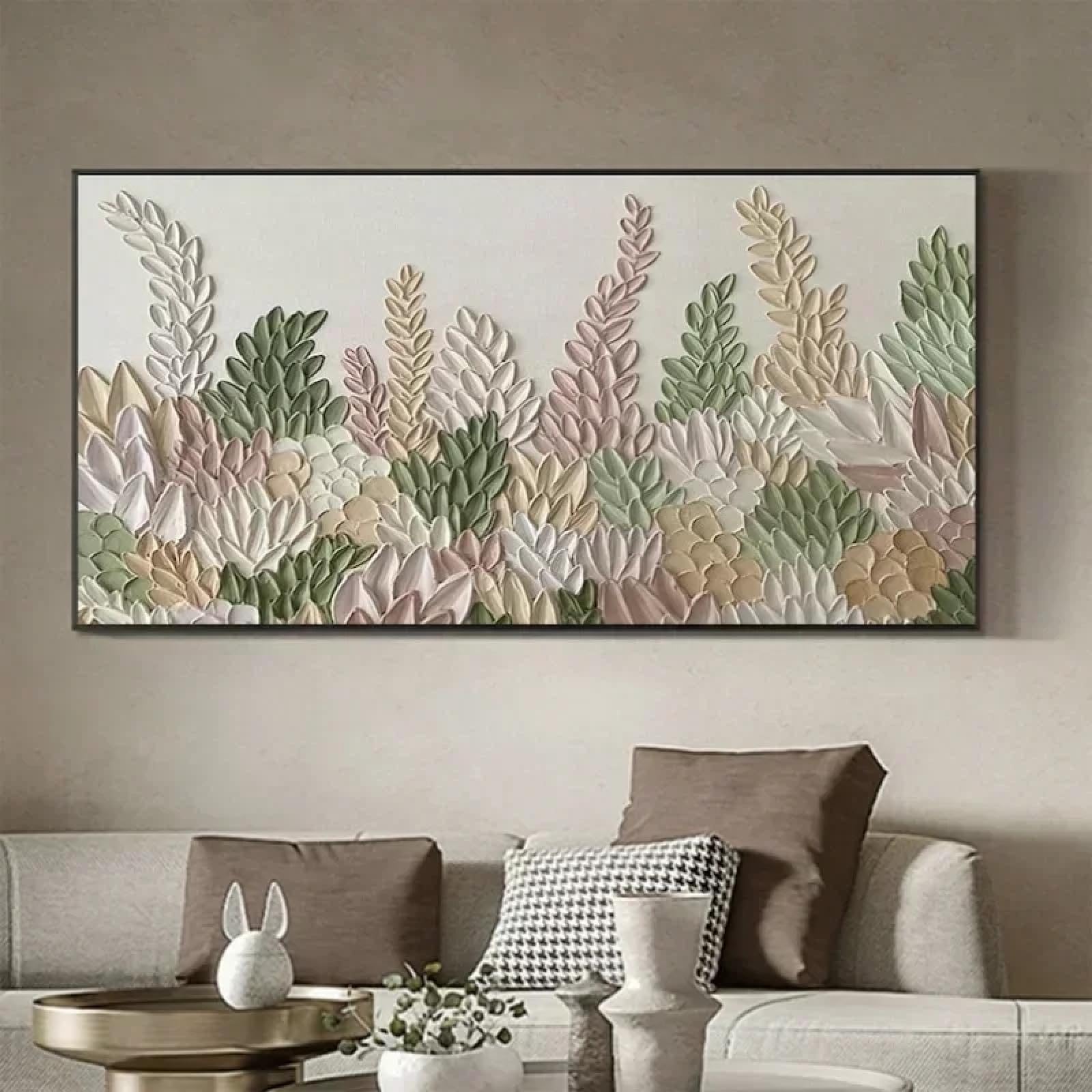 ZHUOYA Abstract Flowers Landscape Oil Painting On Canvas Minimalist Green Floral Textured Wall Art Modern Living Room Home Decor 80x120cm Frameless