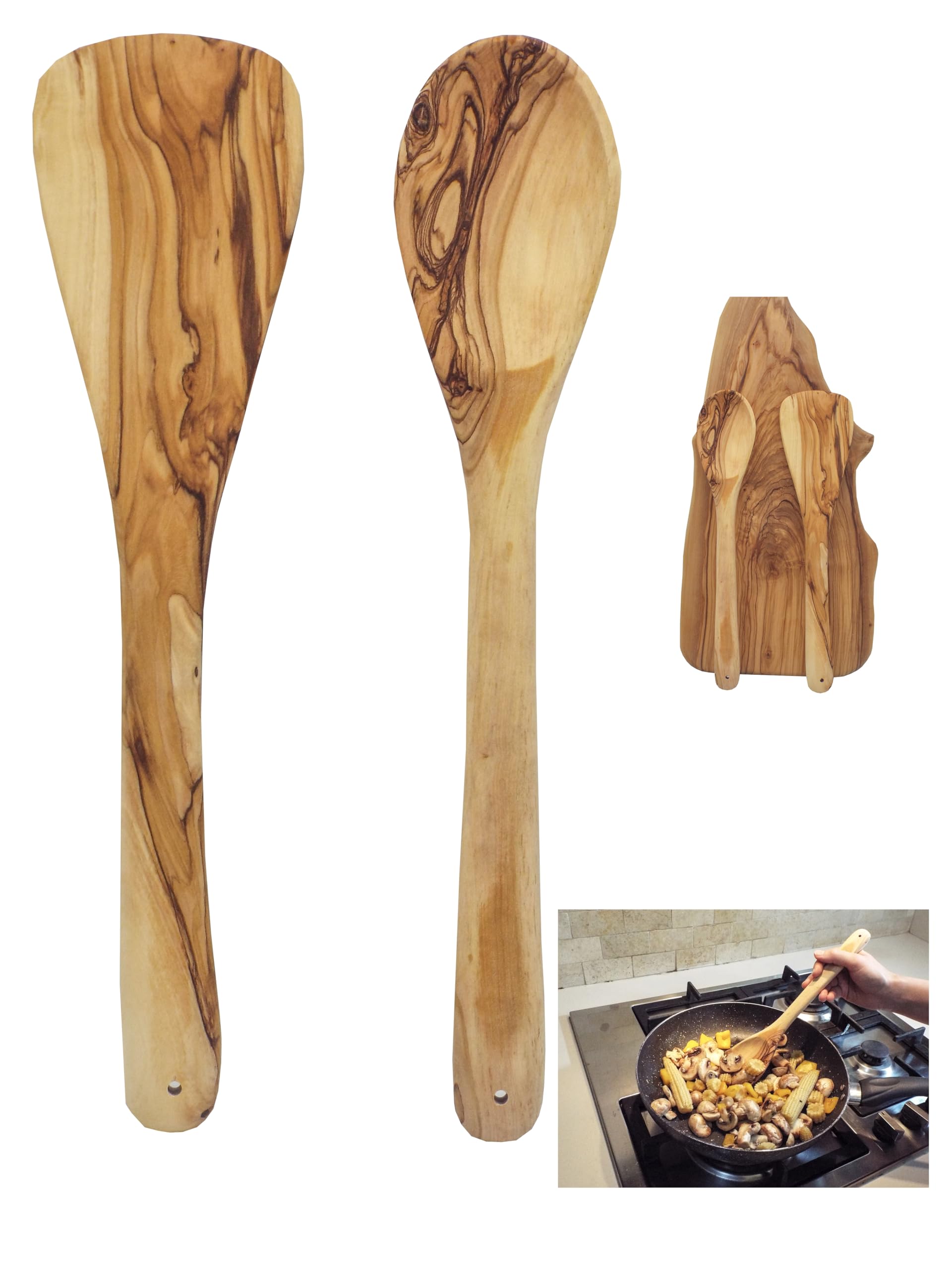 Handcrafted Olive Wood Spoon, Curved & Pierced Spatula (12 Inch Set of 3 Pieces), Practical Wooden Utensils For Every Day Cooking, Unique & Resistant of Scratch From Israel - By Olive Wood Gifts Shop