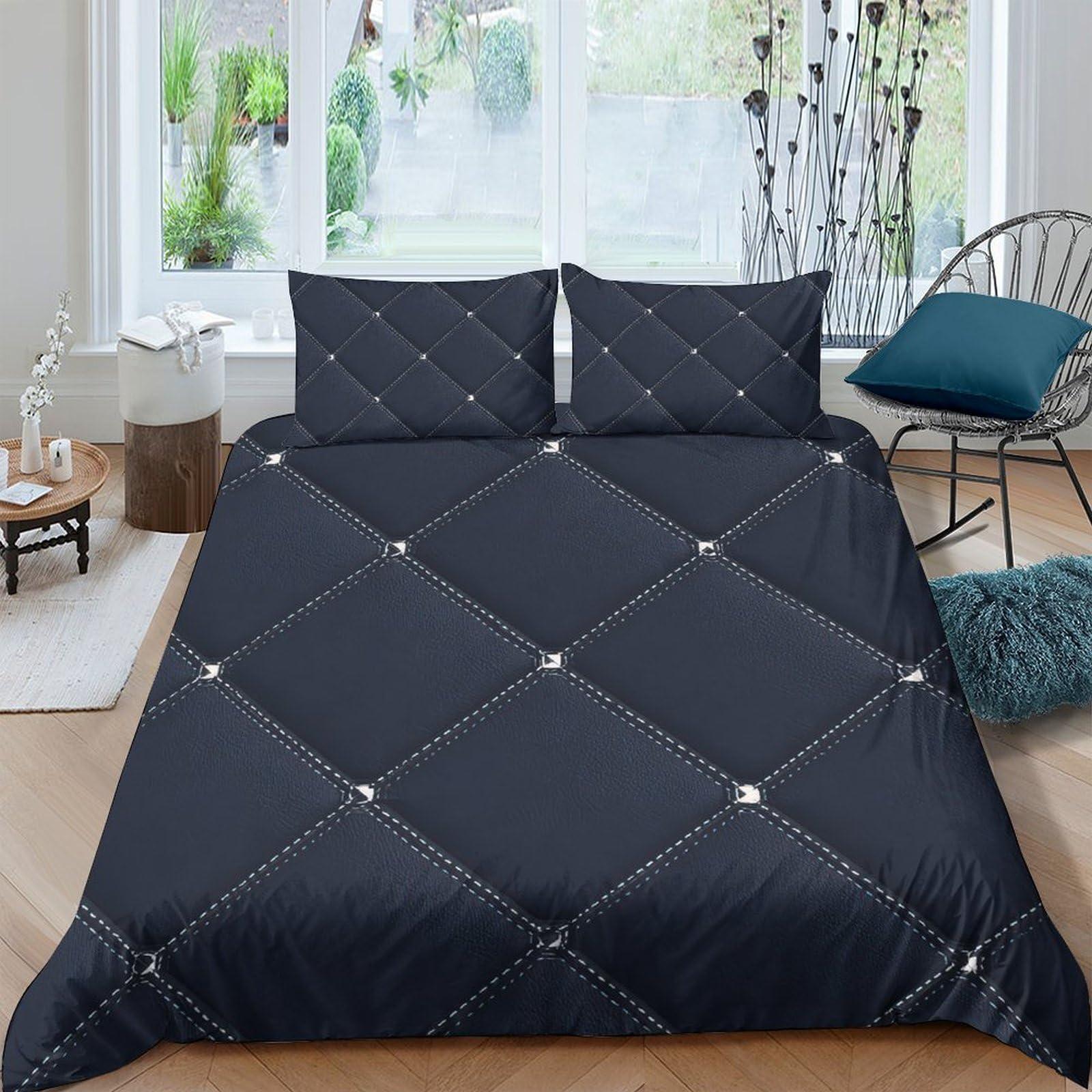 GPLZQXKJNH 3D Printed Diamond Pattern Duvet Cover Microfiber Black Quilt Cover with 2 Pillowcases for Bedroom Home Decor Single（135x200cm）