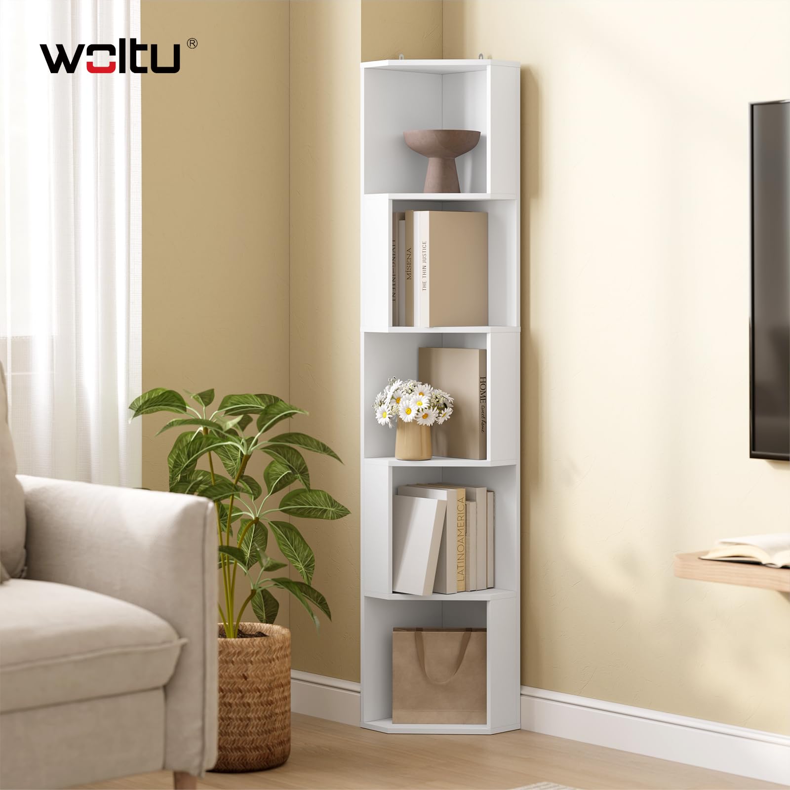 WOLTU Scaffale ad Angolo, Libreria Verticale Bianca, Scaffale Divisorio | con 5 Scomparti Aperti, per Soggiorno/Studio/Camera da Letto