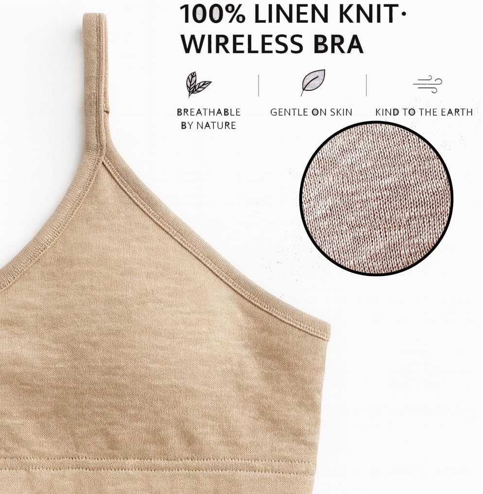 100% Hemp Linen Knit Wireless Bralette, Soft Strappy Tank Sports Bra for Sleep & Lounge