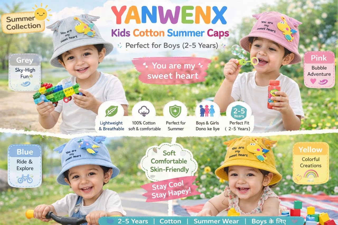 Yanwenx Kids Bucket Hat with Cartoon Patch & Wing Design – Cotton Summer Cap for Boys & Girls (2-5 Years) Breathable Sun Protection Outdoor Hat Yellow 4