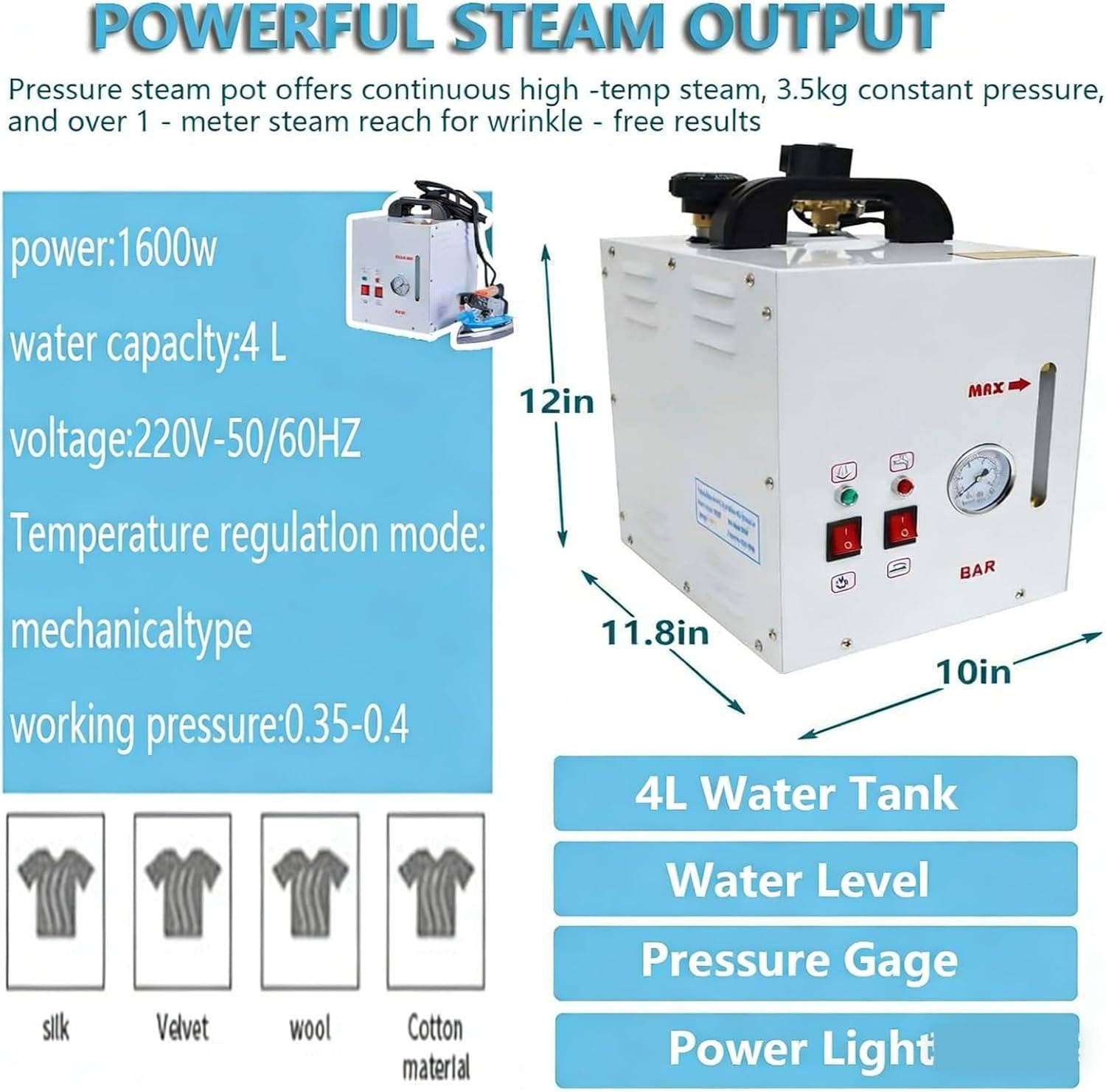 Qiang Presse à Vapeur Robuste – Chaudière INOX 4L, Double soupape sécurité + arrêt Auto, équipement Repassage pour usines de vêtements et buanderies