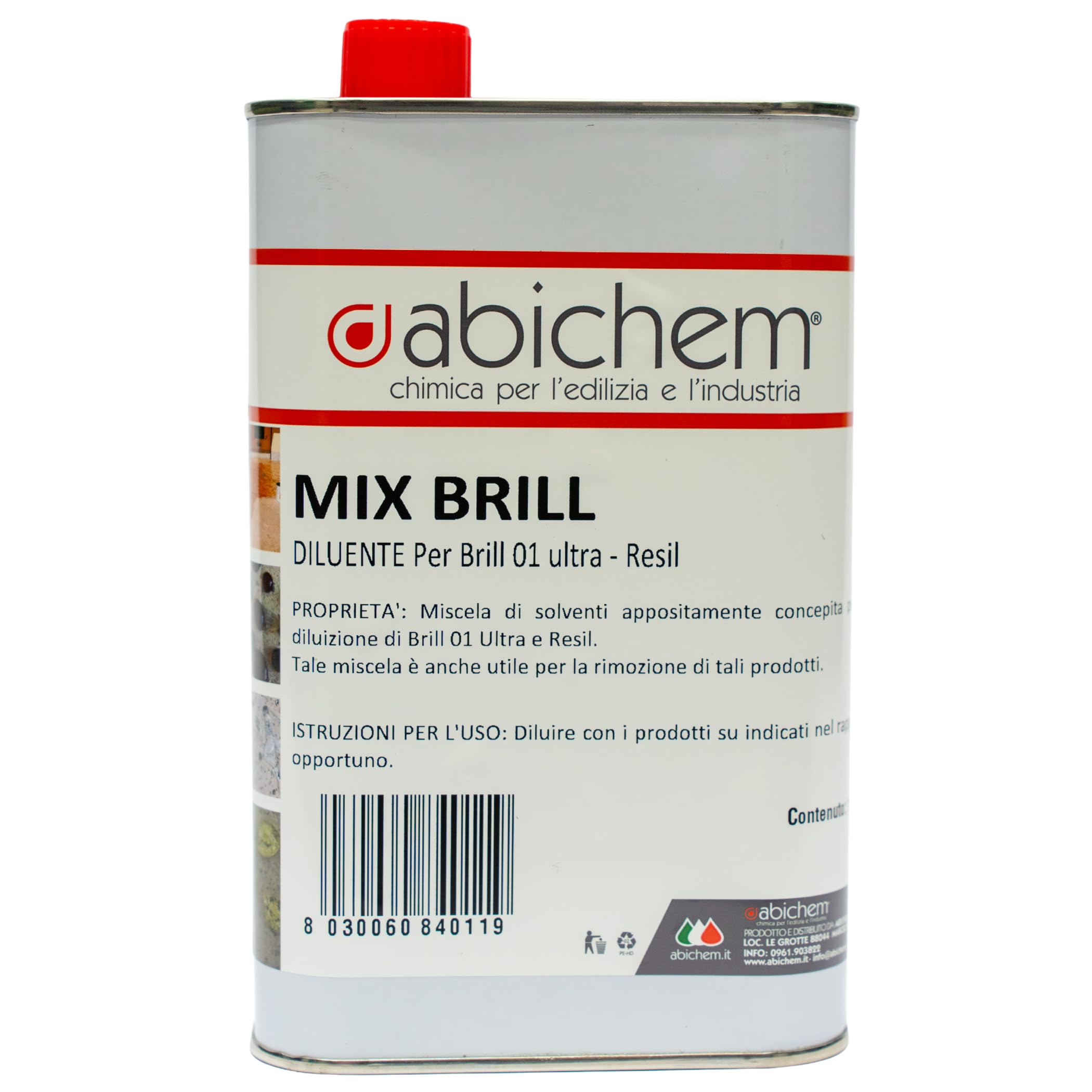Abichem MIX BRILL – Diluente Specifico per BRILL 01 ULTRA, RESIL e RESIL PAINT – Formula Pulita e Trasparente, Alta Velocità di Evaporazione, Made in Italy (5 Litri)