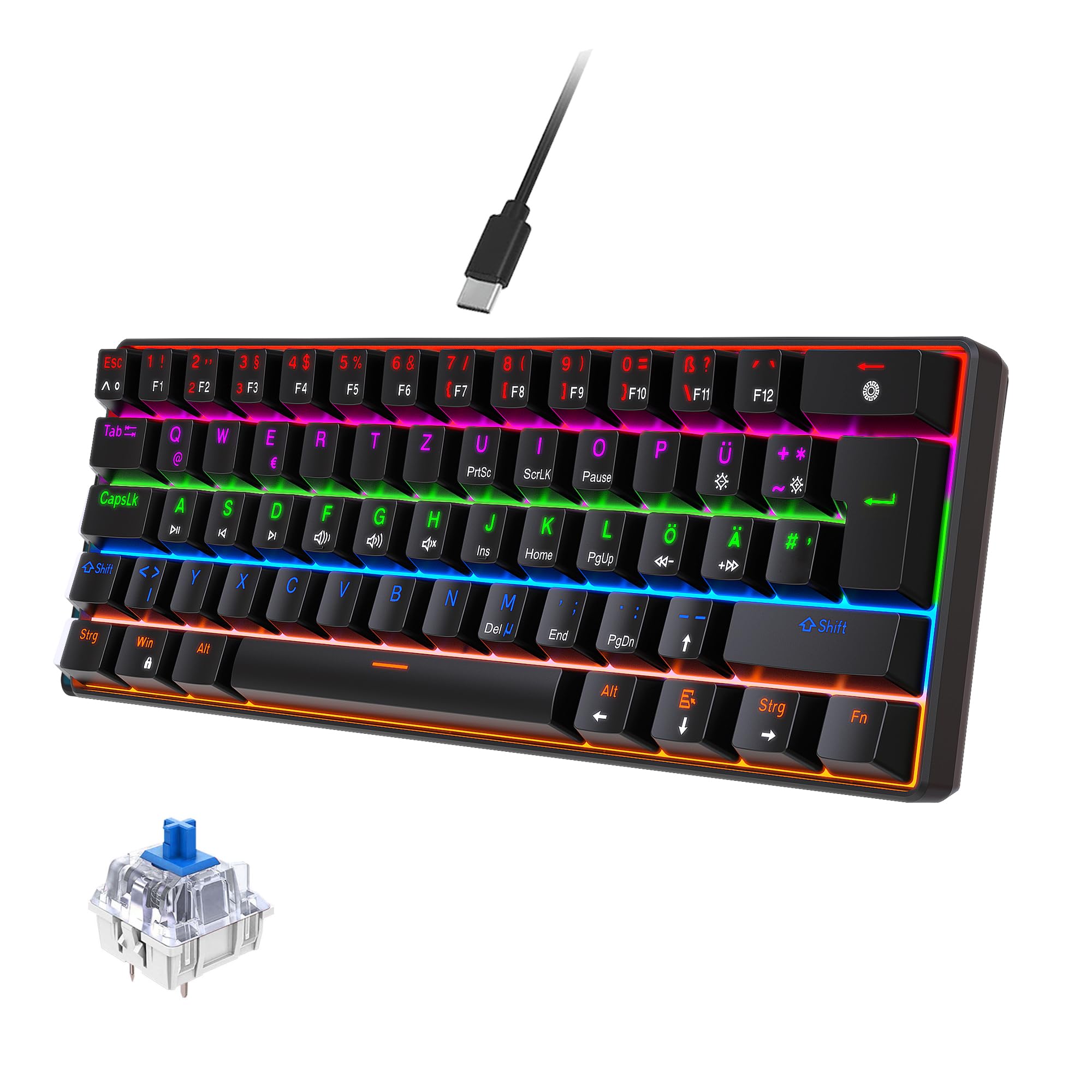 ELLOTECH Mechanische Gaming-Tastatur 60%, QWERTZ (DE Layout), 62 Tasten, Blue Switches, RGB-Hintergrundbeleuchtung, Anti-Ghosting, Kabelgebunden, Ultrakompakt für Gaming – Schwarz
