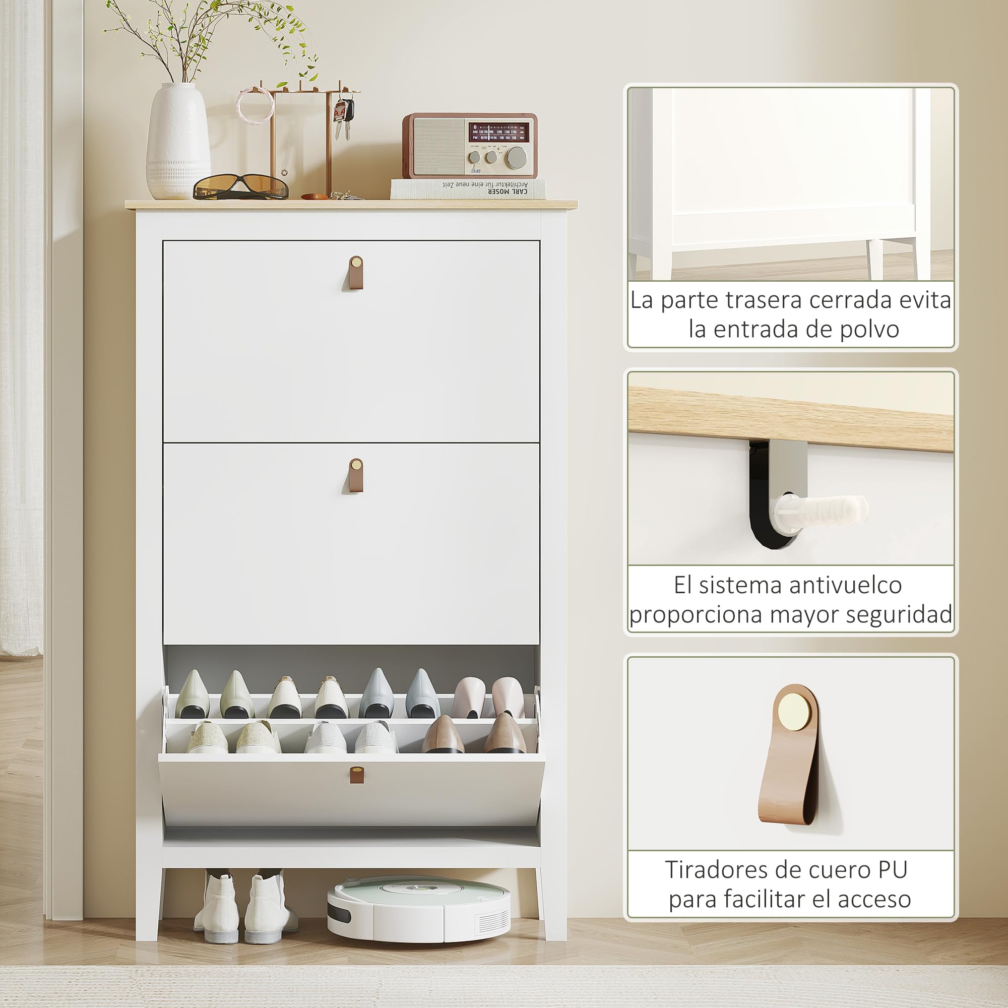 HOMCOM Zapatero Estrecho 4 Puertas, Zapatero Entrada Recibidor, Estantes Ajustables, Tiradores de PU, para 20 Pares de Zapatos, para Pasillo, Espacios Reducidos, 80x24x131 cm, Blanco