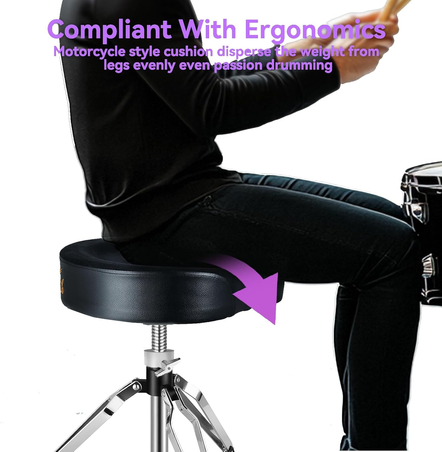 Professional Drum Throne with Memory Foam - Threaded Post Height Adjustment, Heavy-Duty Steel Base, Ergonomic Drum Stool for Drummers & Guitarists (Classic Black Leather)