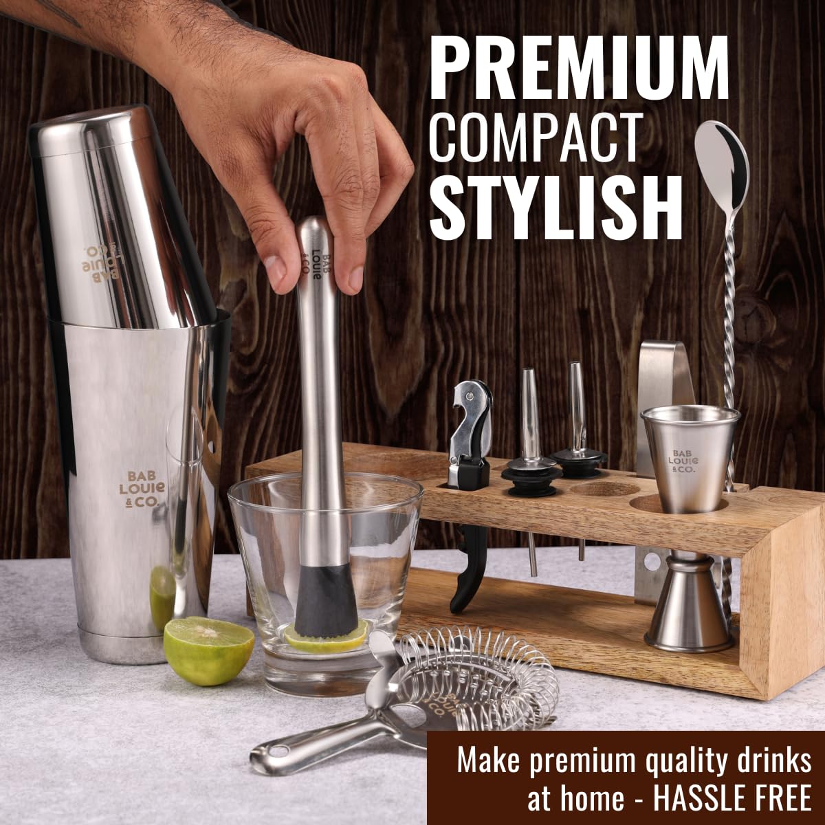 Bab Louie & Co. Bar & Cocktail Set, Ultimate BarKit with Wooden Stand, Cocktail Shaker Set for Drink, Set of 10 Stainless Steel & Anti Rust Bar Accessories with Stylish Bar Stand, Gifts for Bartender - Image 3 thumbnail