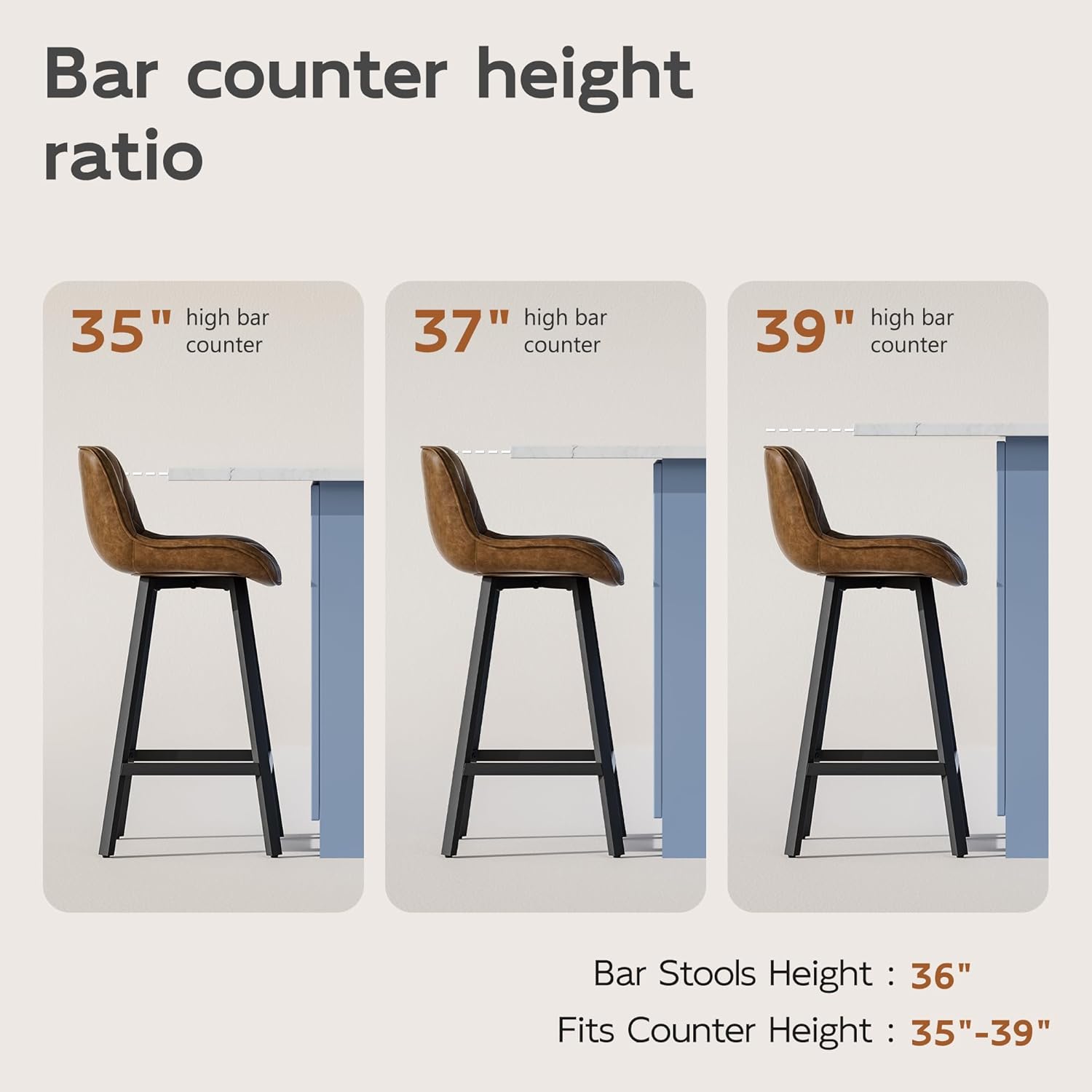 Bar Stools Set of 4, 26 Inch Counter Height Bar Stools with Back and Extra‑Wide Heavy‑Gauge Metal Legs, Modern Faux Leather Upholstered Barstools for Kitchen Island, Counter, Brown