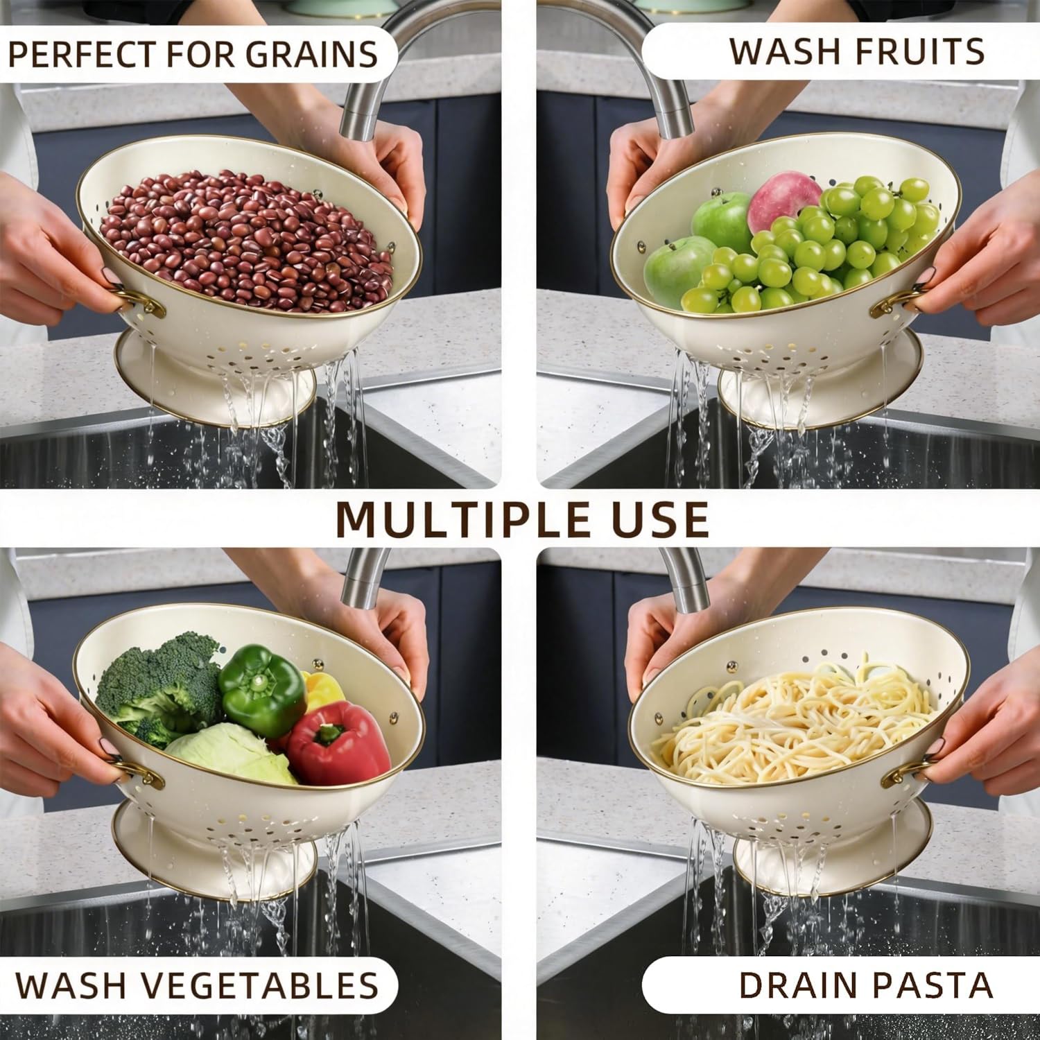 Set di Scolapasta in Metallo - 1, 3,5 e 5 Litri, Colapasta con Manico e Base, Colino da Cucina per Pasta, Frutta e Verdura, Lavabile in Lavastoviglie (Crema)