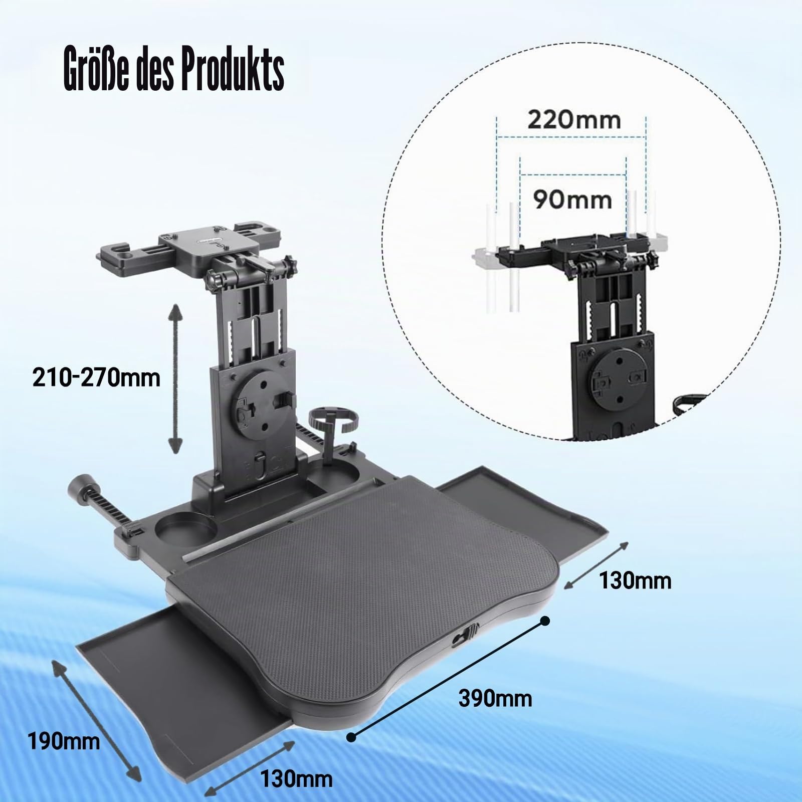Auto Tisch für Rücksitzpassagiere, Schreibtisch mit Getränkehalter und Handyhalter, Faltbarer, Teleskopischer Auto Rücksitztisch, Tragkraft 15-20KG, mit rutschfester Matte