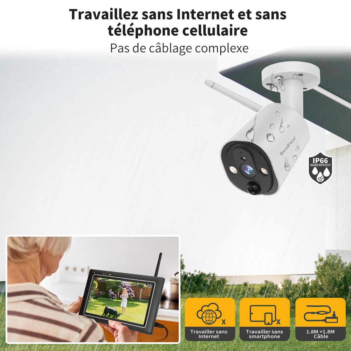 SecuFirst Kit 2K Caméra de Surveillance Extérieure sans Fil avec Moniteur | Écran tactile 7" intérieur,Vidéo Babyphone Camera,Travailler sans wifi,Détecteur de Mouvement, Carte SD 64 Go, Interphone