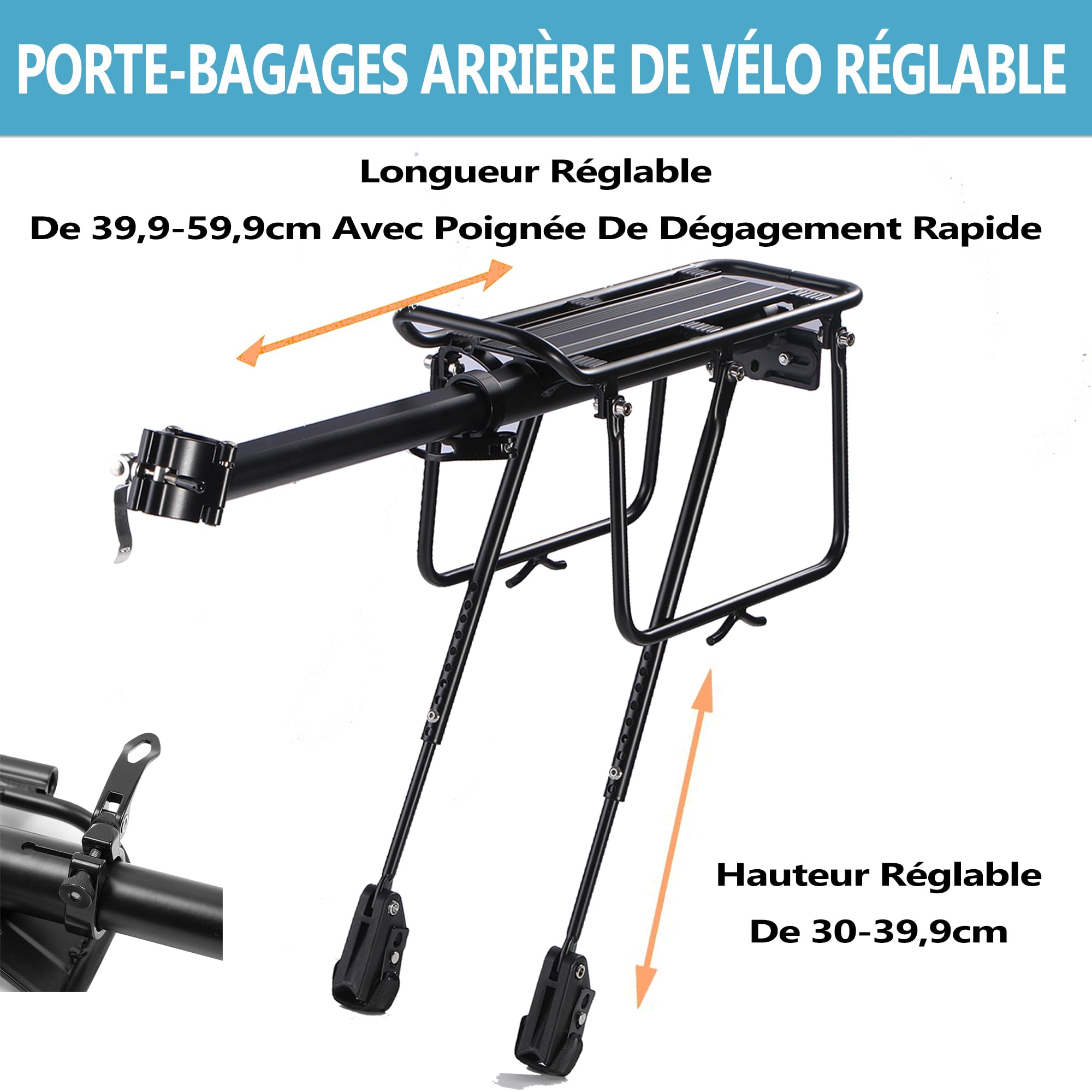 Porte-vélo arrière, Porte-bagages pour vélo, Coussinet souple suspendu, Grands supports de protection et réfléchissants, Réglable, Universel, Convient aux cadres de vélo de 24" à 29", BCR09-EU