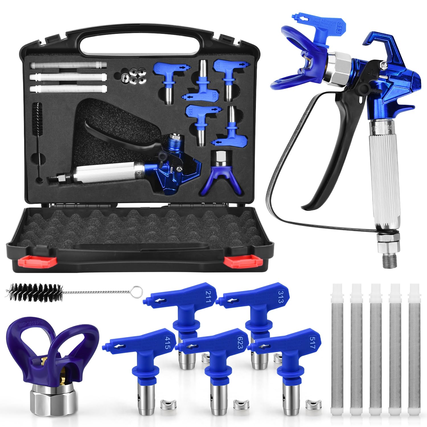 3600 PSI Haute Pression Pistolet à Peinture Airless, avec 1 Protège-Buse, 5 Buse de Pulvérisation et 5 Éléments de Filtre de Pistolet à Peinture Airless (211,313,415,517,623)