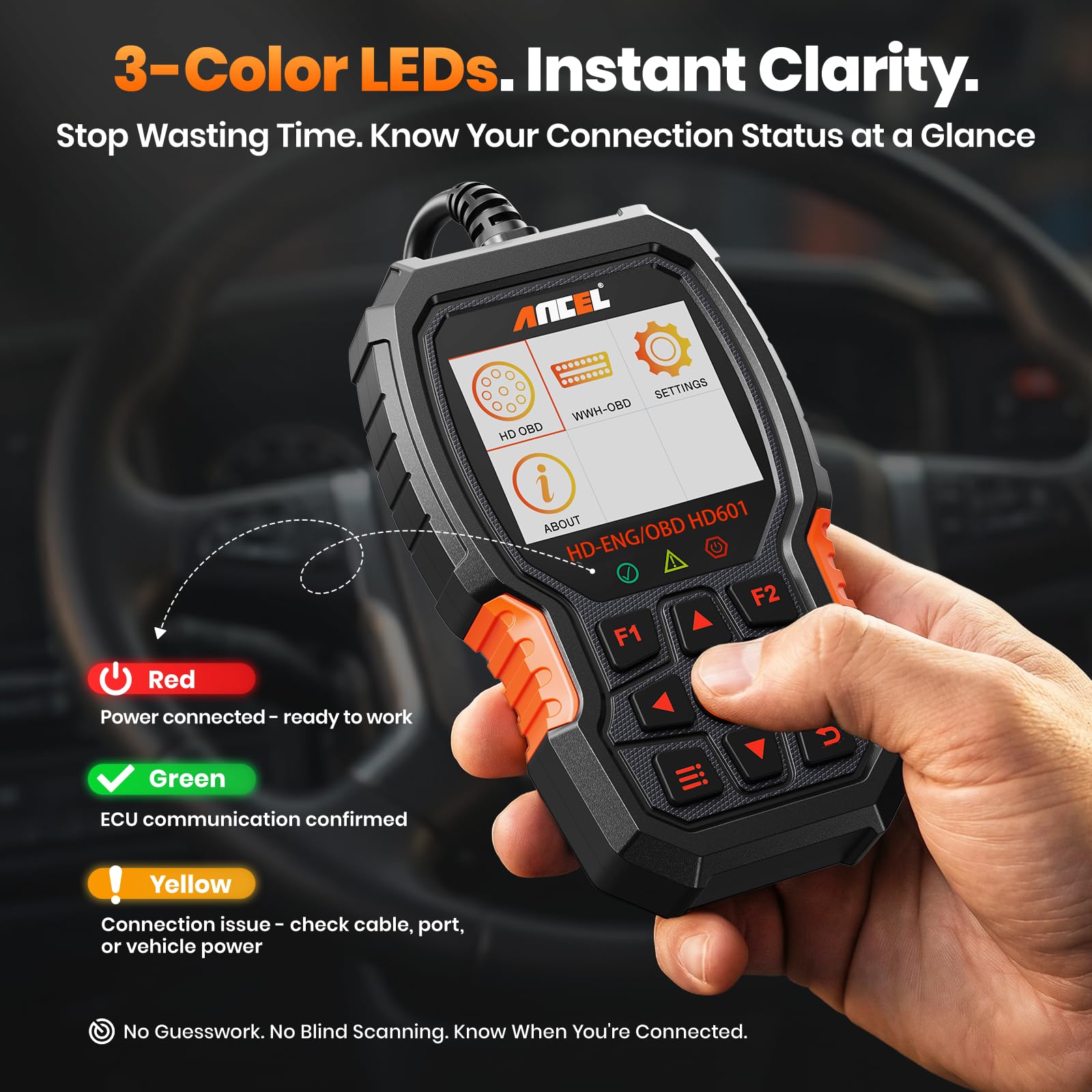 ANCEL Nuevo escáner de camión HD601 resistente, herramienta de escaneo de diagnóstico de sistema completo diésel para Cummins, Detroit, Volvo, Paccar y Caterpillar, lector de código HDOBD y OBD2 2 en