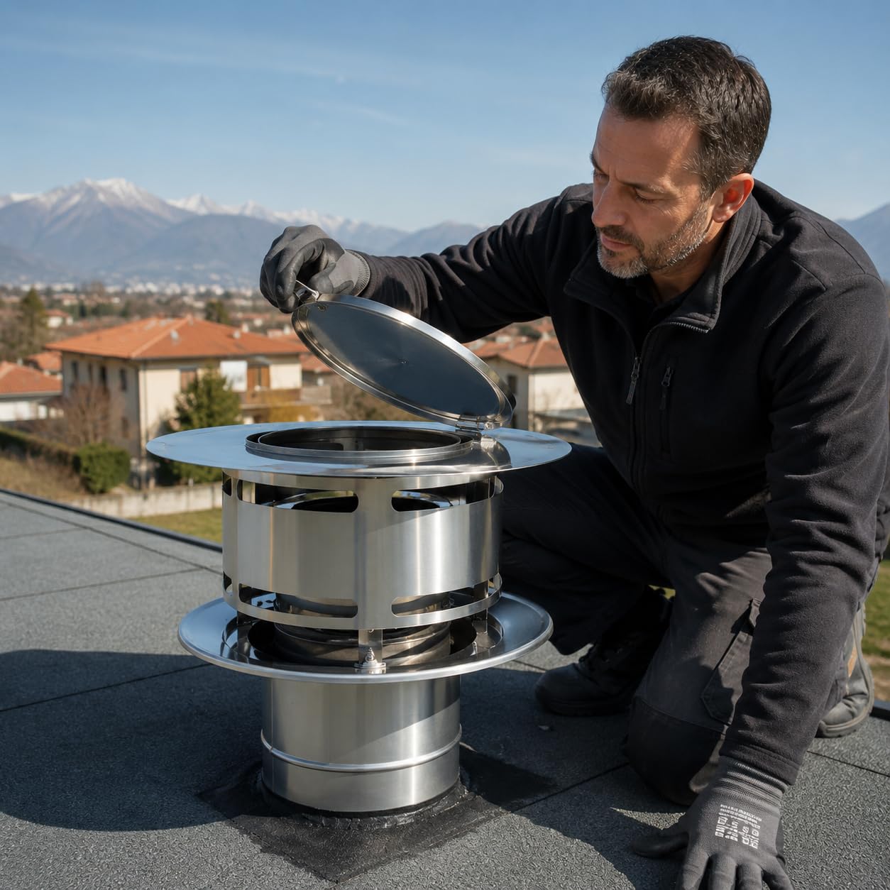MAKA Comignolo Anti Intemperie con Ispezione, Terminale in Acciaio Inox per Canna Fumaria Camino Stufa a Legna Pellet e Gas, Cappello Antivento con Apertura Ispezione (Ø 160 mm)