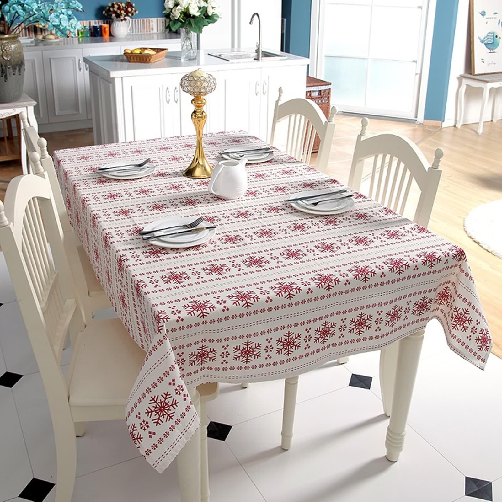 Tischdecke Vintage 140X180, Tischdecke Klein Beige Rot Polyester Baumwolle Schneeflocke Bestickt Table Cover für Geburtstag Party Hochzeit