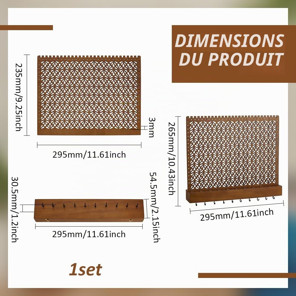 FINGERINSPIRE Porte-Bijoux Mural en Bois Marron avec Crochets pour Boucles D'Oreilles, Bracelets, Colliers