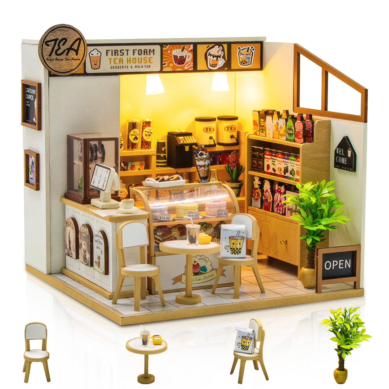 Foyucool Miniature House Kit for Adults, Tea House Cottage, DIY Diorama Model Building with Furniture, Creative Craft Kit for Bookshelf Decoration, Unique Gift for Birthday, Mother's Day